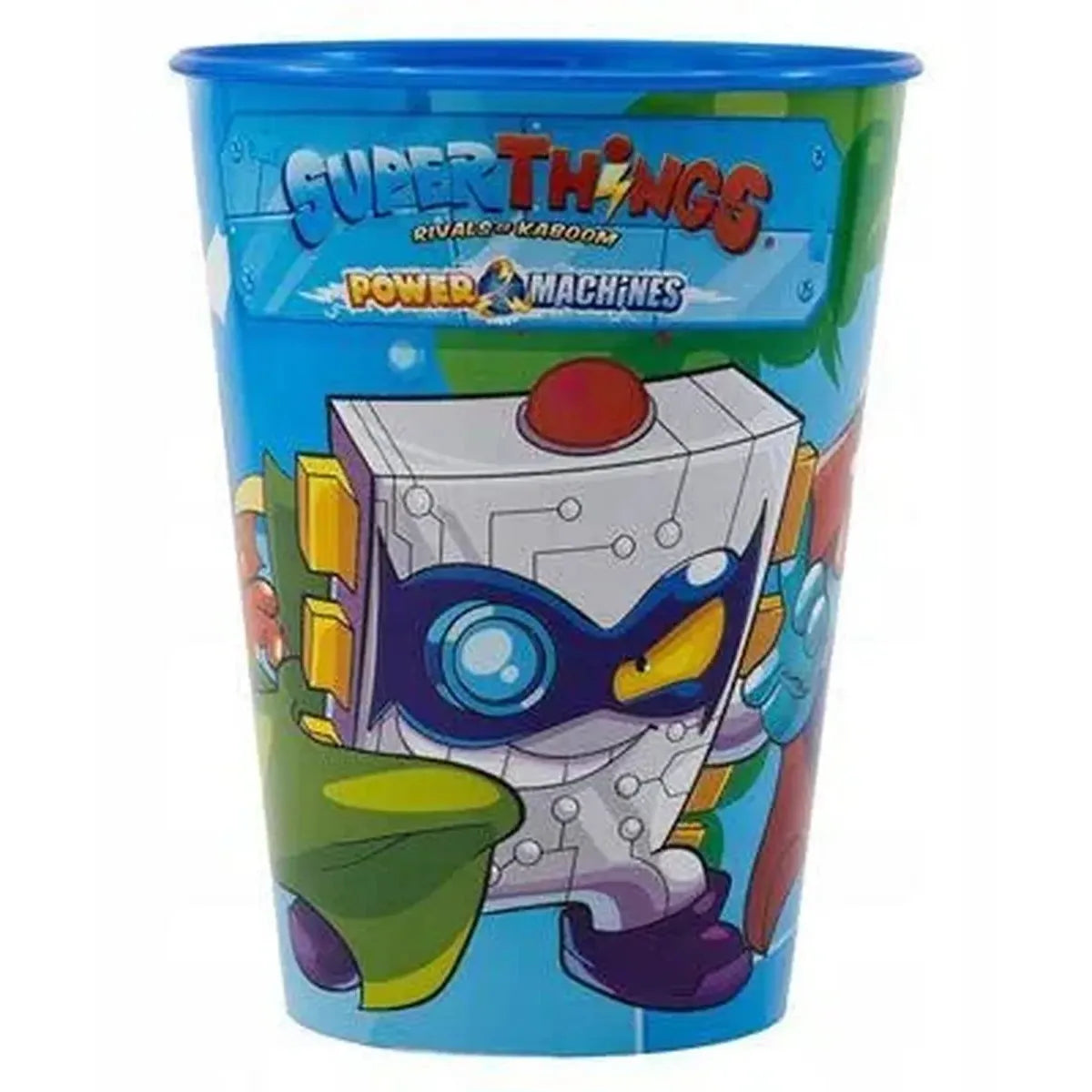 Un vaso de plástico con borde azul y un personaje de robot de dibujos animados. El vaso tiene el texto 'SuperThings' y 'Power Machines'.