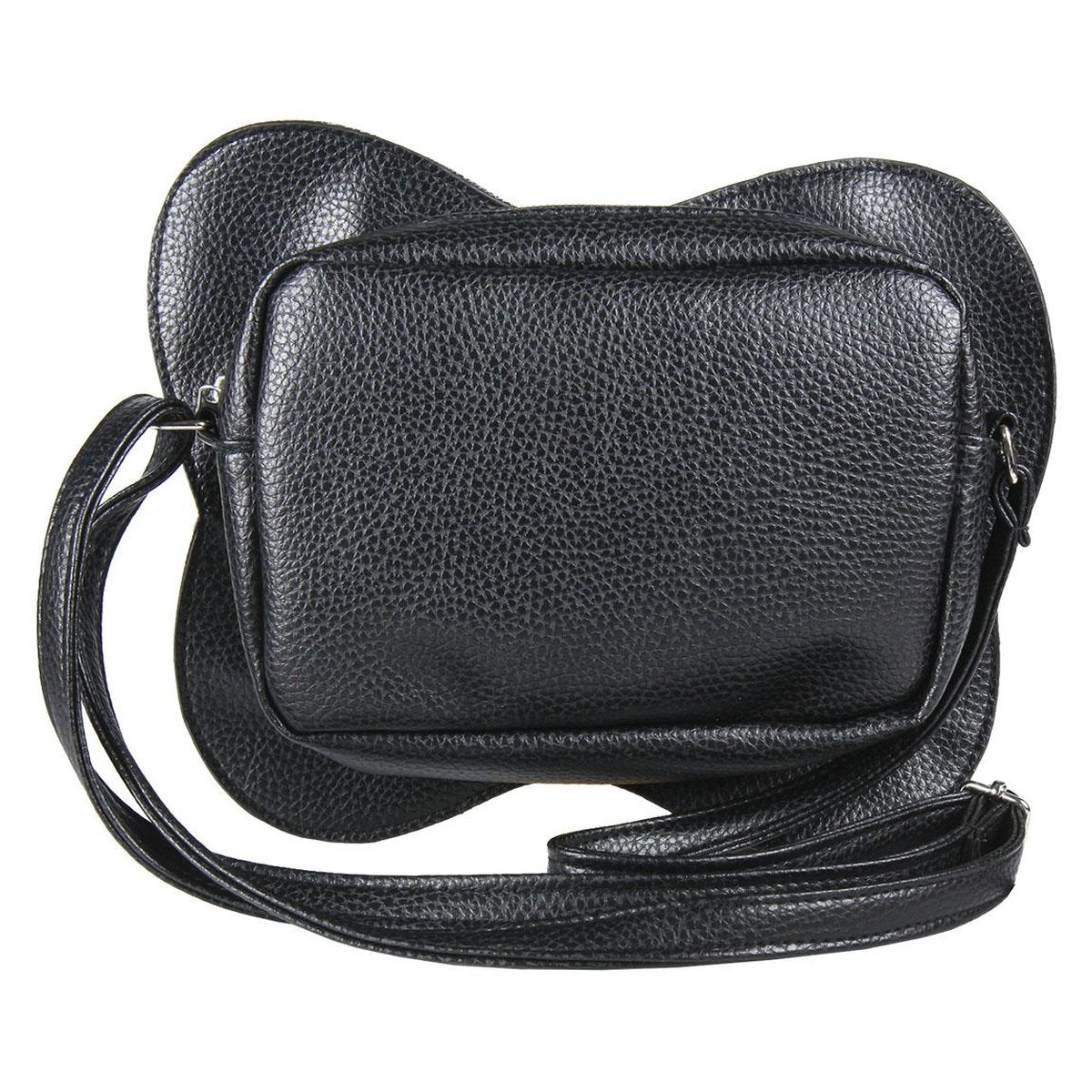 Bolso bandolera de cuero negro con compartimento frontal rectangular, lados redondeados y correa larga ajustable.