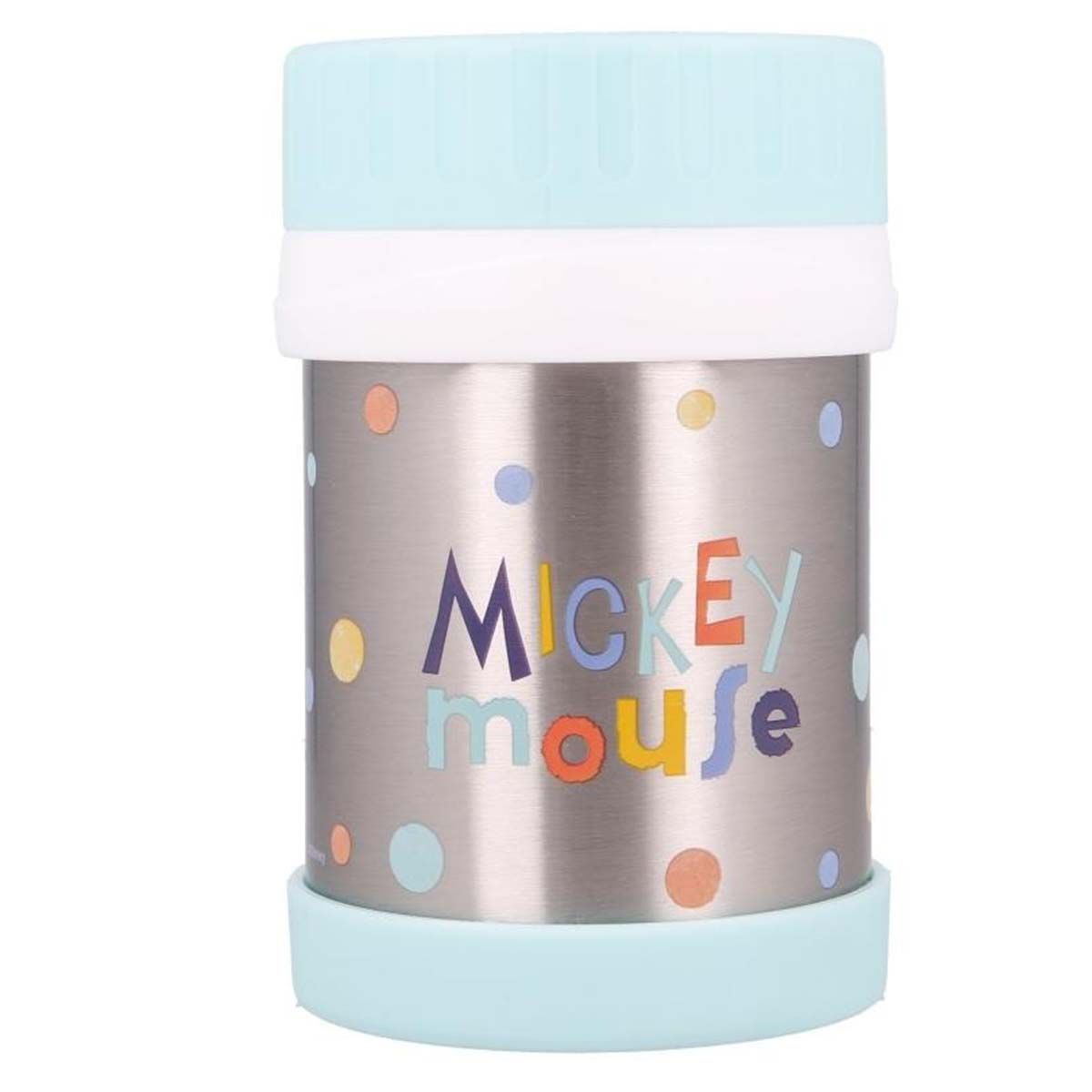 Un termo de acero inoxidable con tapa y fondo azul claro. El termo tiene las palabras 'Mickey Mouse'.