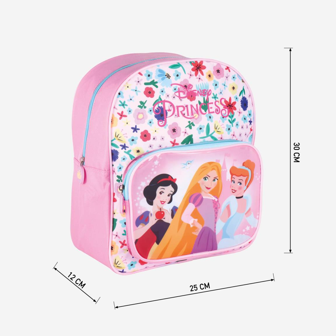 Mochila rosa de Disney Princesas con estampado floral e ilustraciones de princesas. Medidas: 30x25x12 cm. Incluye Blancanieves, Rapunzel y Cenicienta.