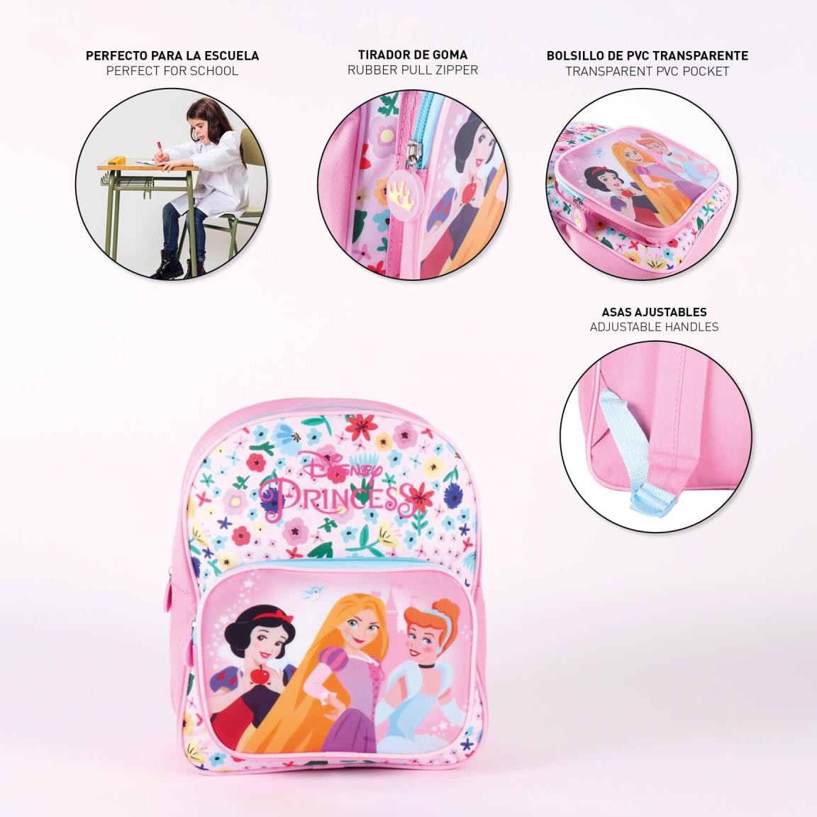 Mochila rosa de Disney Princesas con diseño floral. Presenta a Blancanieves, Rapunzel y Cenicienta. Incluye cremallera y asas ajustables.