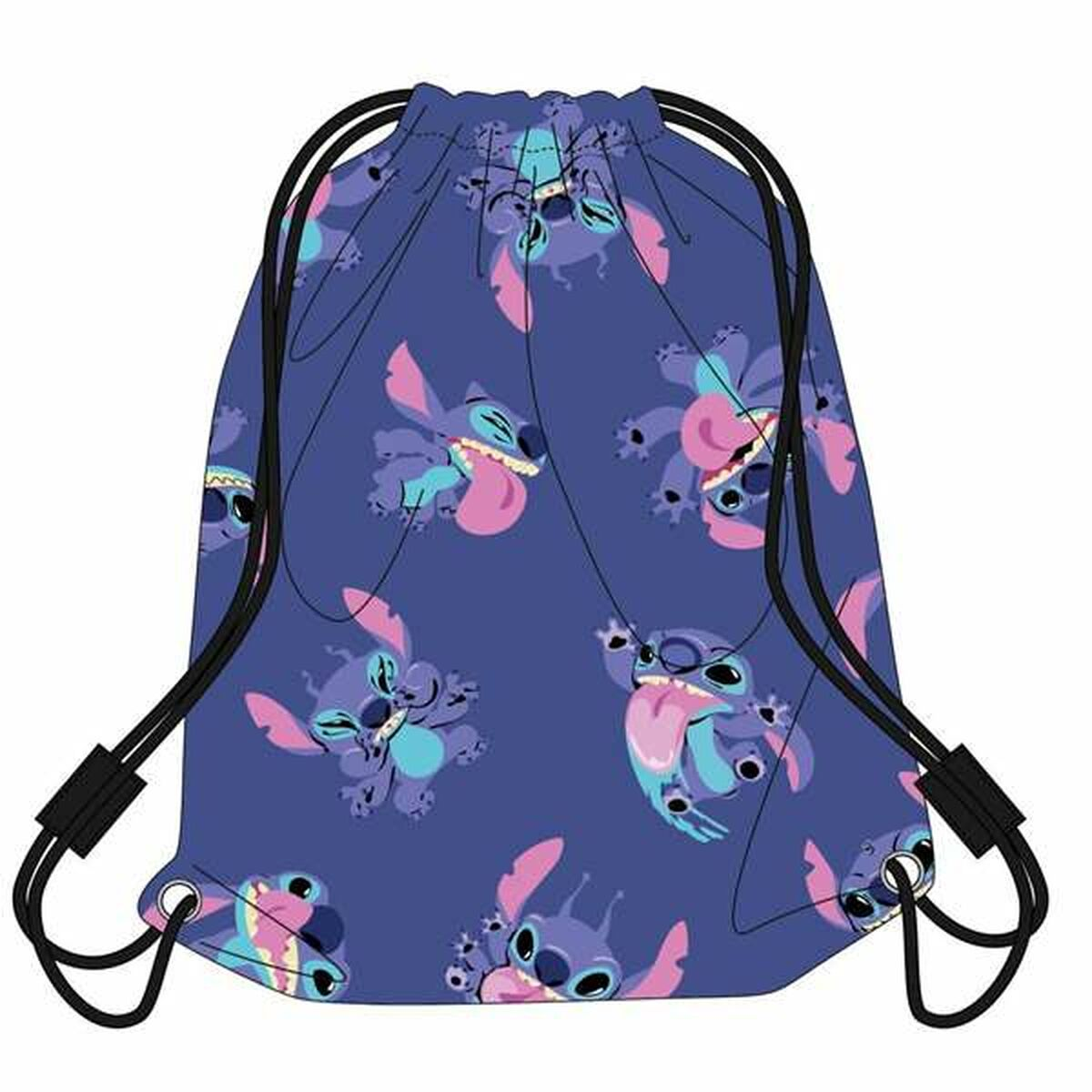 Una bolsa con cordón y fondo azul. Presenta múltiples personajes de dibujos animados de Stitch en varias poses.