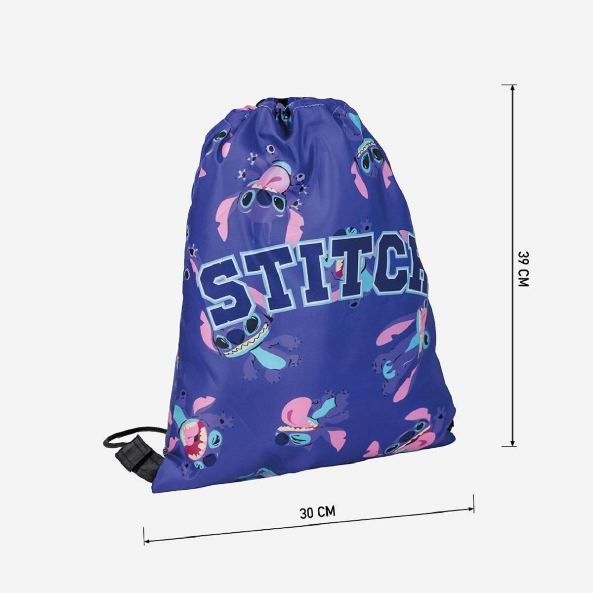 Una bolsa azul con estampado de dibujos animados de Stitch y la palabra 'STITCH'. Dimensiones: 30x39 cm. Cordones y cierre negros.