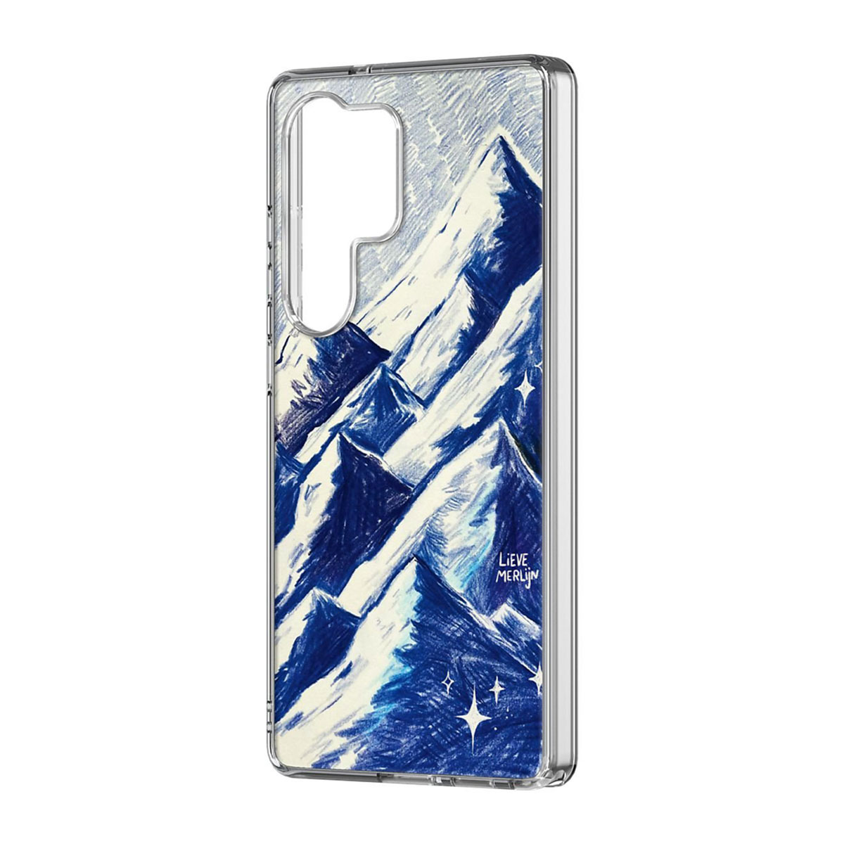 Custodia per telefono con una scena di montagna disegnata a matita. Montagne blu e bianche con stelle e la scritta 'LIEVE MERLIJN'.