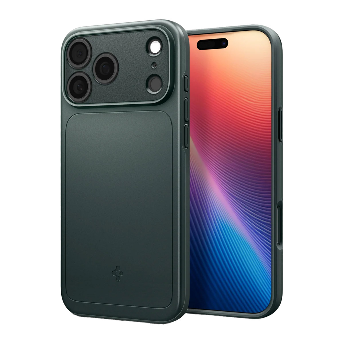 Een donkergroene telefoonhoes met een telefoon erin. Het scherm van de telefoon toont een kleurengradiënt, met een camerabult aan de achterkant.