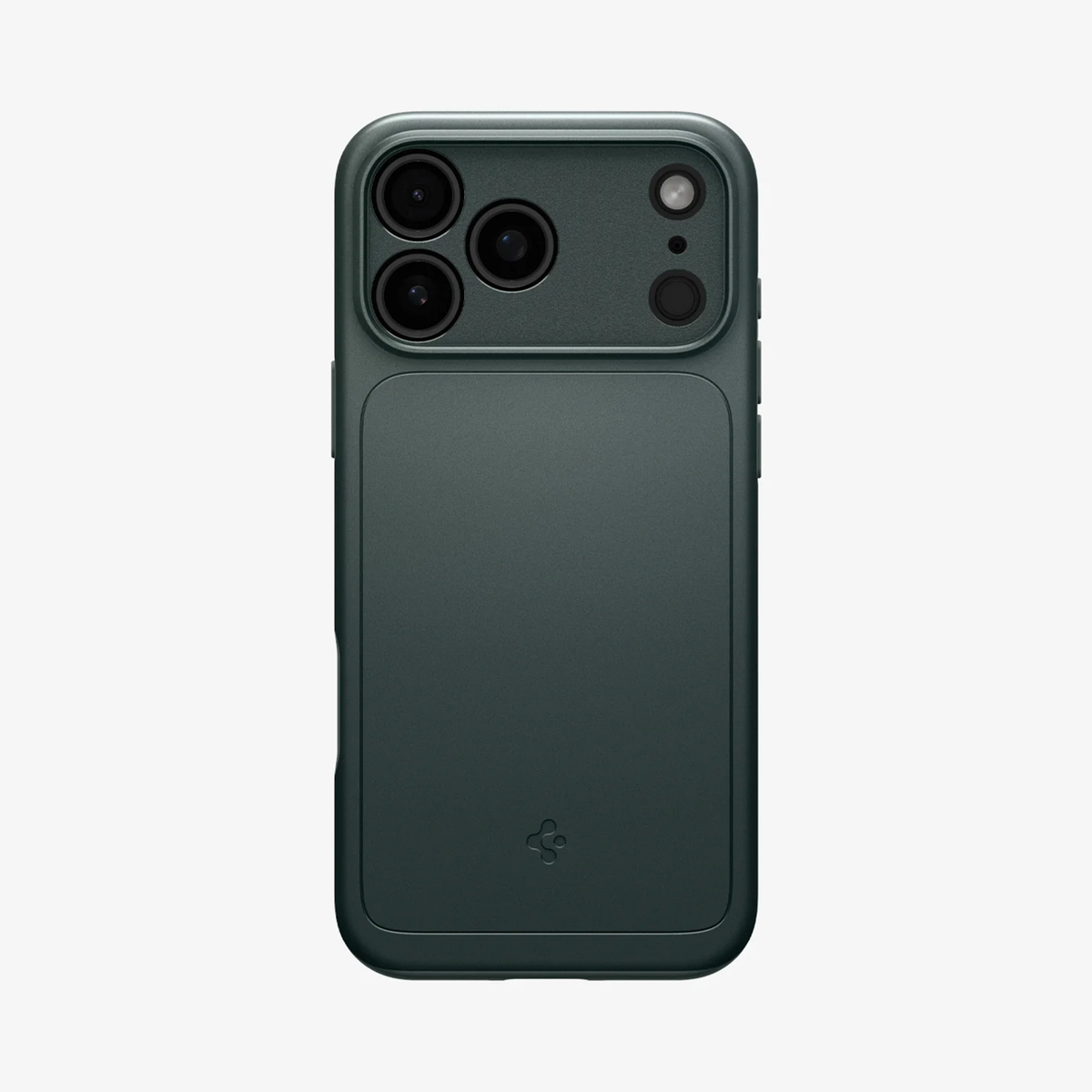 Een donkergroene iPhone-hoes met vier cameralenzen en een flitser. De hoes heeft een gladde textuur en het merklogo aan de onderkant.