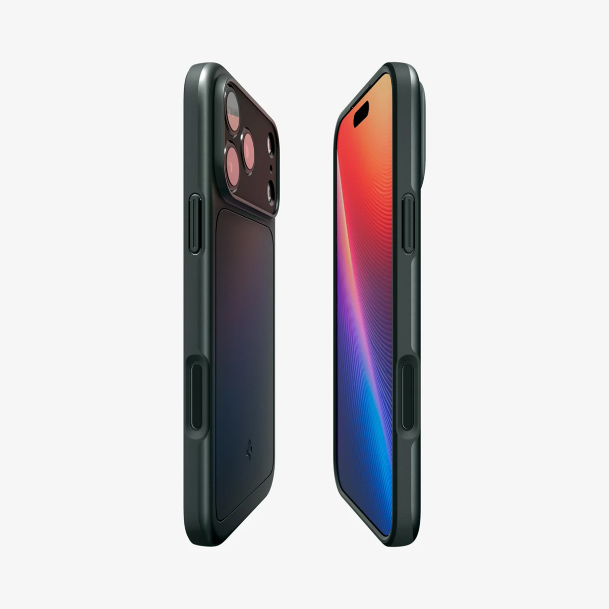 Twee zwarte smartphones in hoesjes, naast elkaar, in tegengestelde richtingen. Eén scherm toont een kleurrijk patroon.