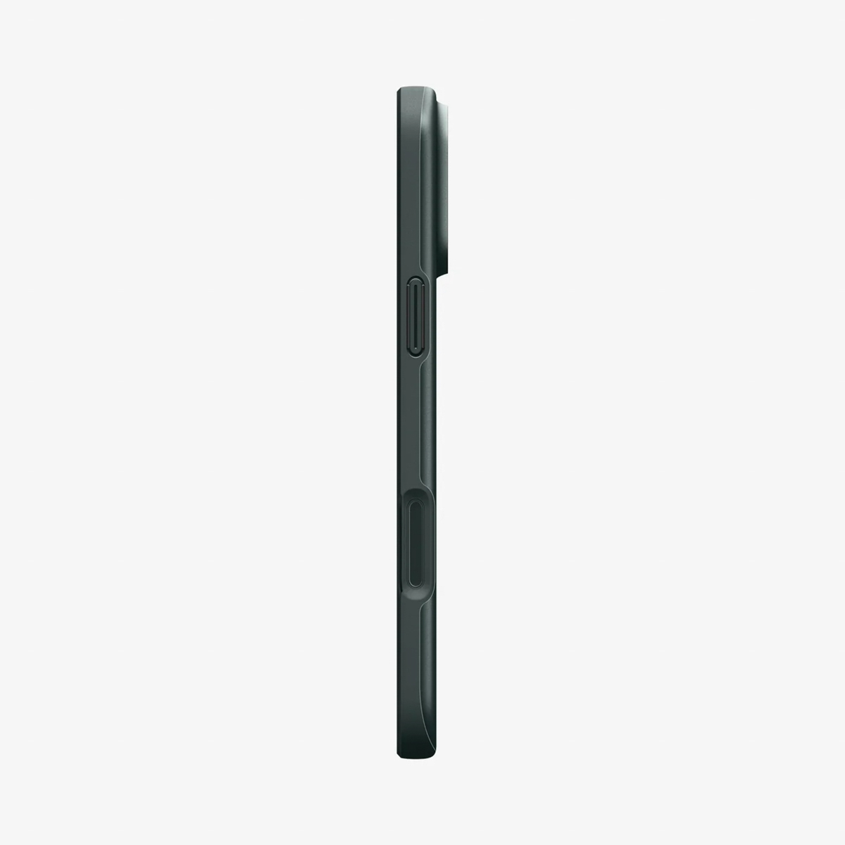 Zijaanzicht van een donkergroene telefoonhoes. Het heeft knoppen en een camerapunt. De achtergrond is effen wit.