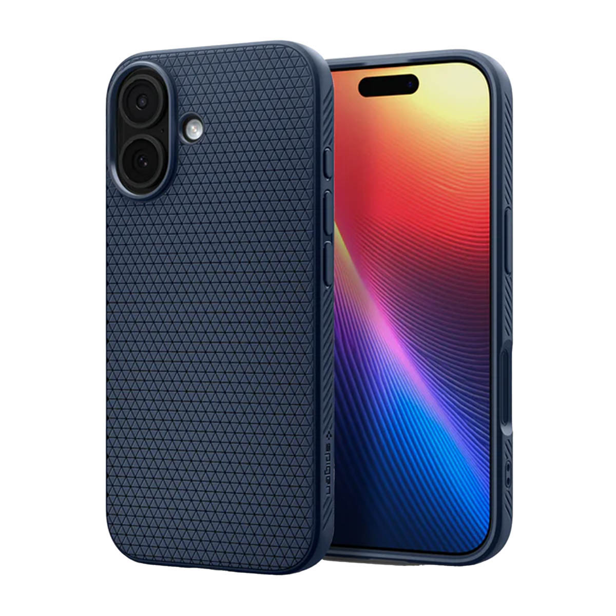 Un étui de téléphone bleu foncé avec un motif texturé, à côté d'un smartphone à écran coloré.