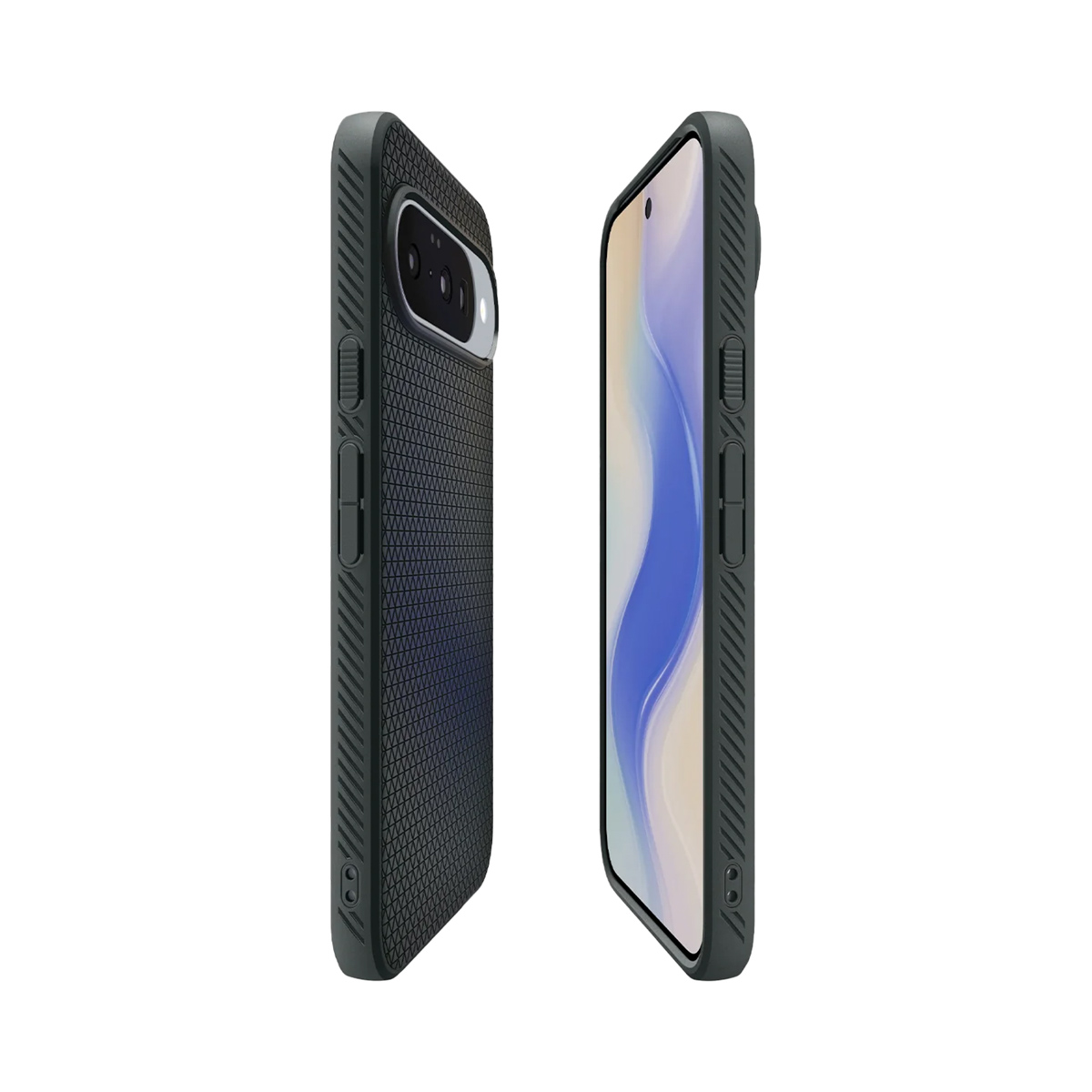 Twee donkergroene telefoonhoesjes. Eén hoesje heeft een textuur op de achterkant en een uitsparing voor de camera. De andere toont een scherm met een golfontwerp.