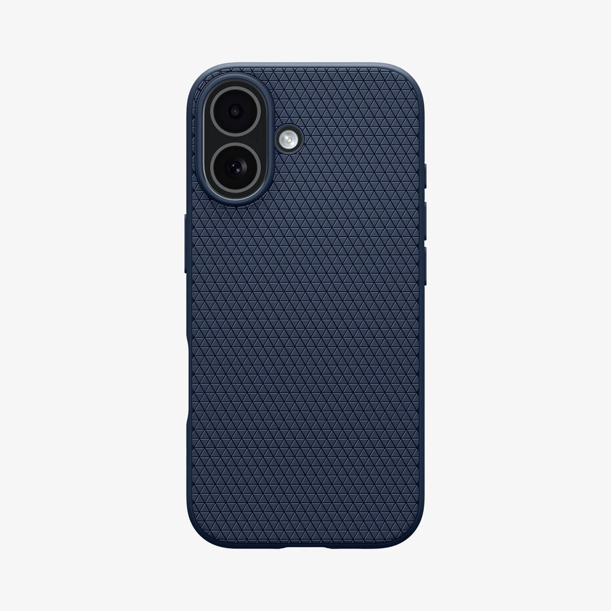 Une coque de téléphone bleu marine avec une surface texturée et un module caméra avec deux lentilles et un flash.