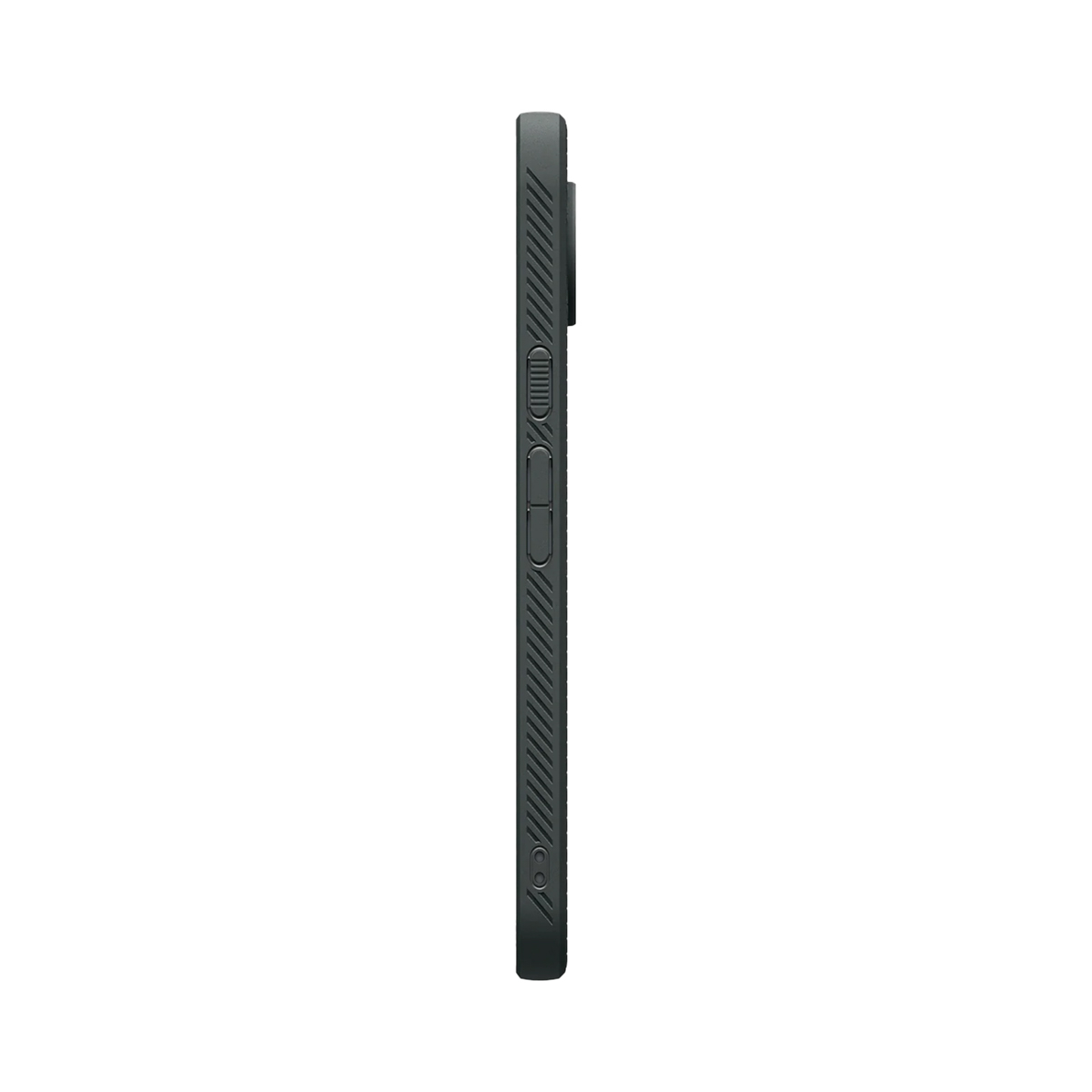Zijaanzicht van een donkergroene telefoonhoes met knoppen en getextureerde zijkanten, tegen een witte achtergrond.