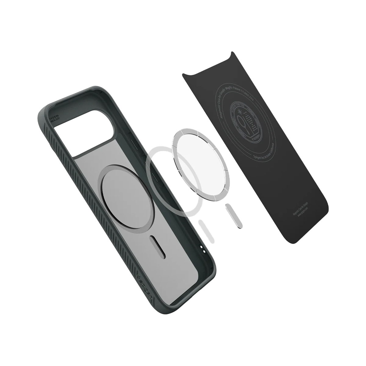 Een gedemonteerde telefoonhoes met een donkergroen frame, een heldere cirkel en een zwart rechthoekig stuk met tekst. De achtergrond is wit.