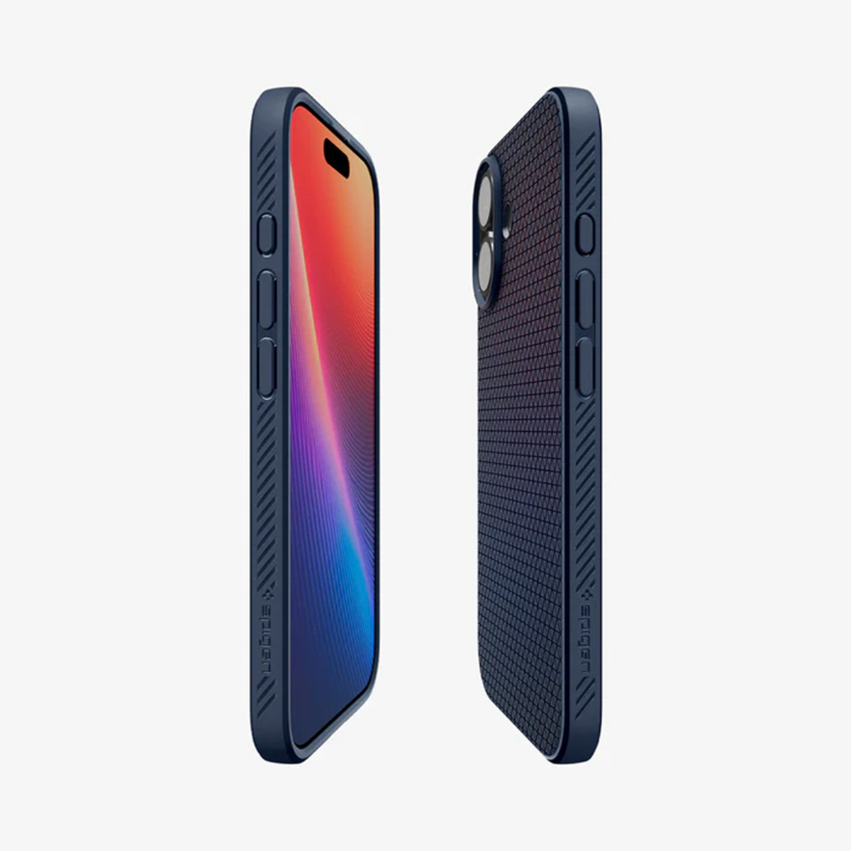 Deux coques de téléphone bleu foncé avec des textures différentes. L'une montre l'écran avec un affichage coloré, l'autre, le dos avec une caméra.