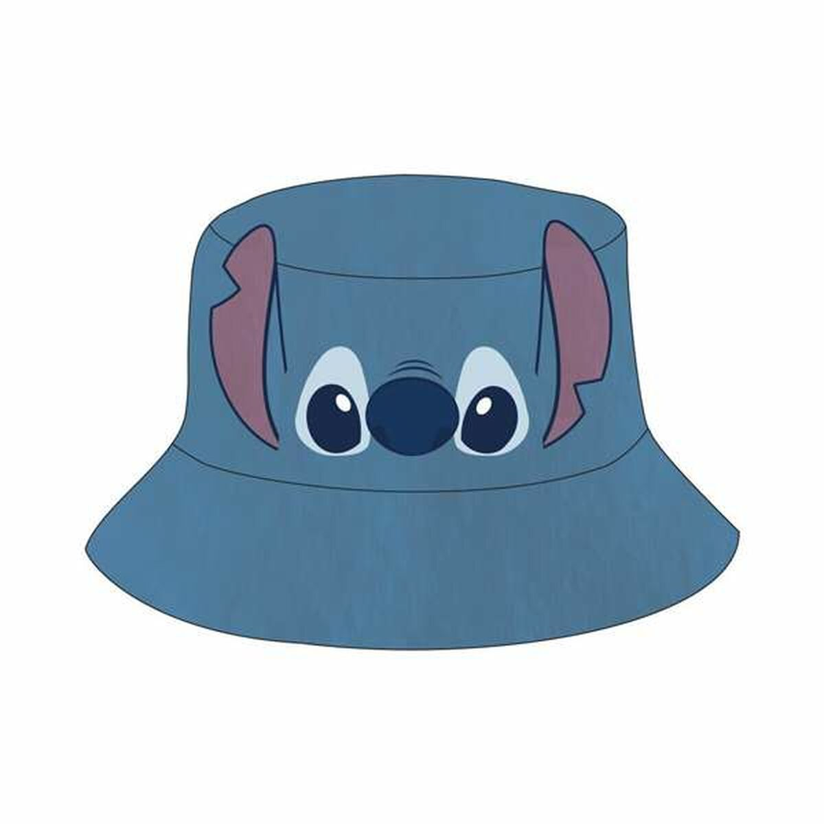 Un sombrero azul con la cara de Stitch. Tiene ojos blancos grandes, una nariz oscura y orejas rosas. El sombrero está sobre un fondo blanco.