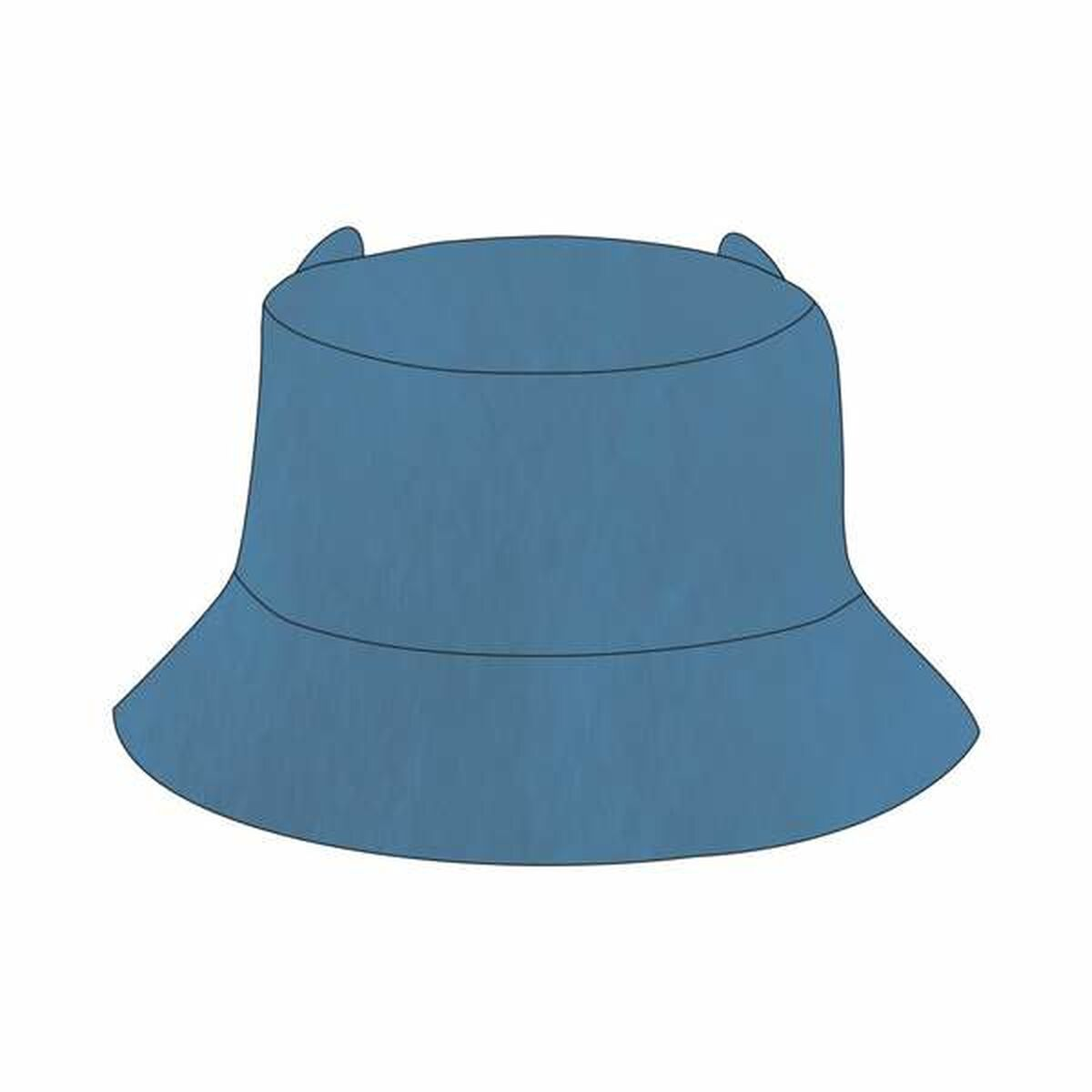 Un sombrero de pescador azul con dos pequeñas protuberancias curvas en la parte superior. El sombrero tiene un ala ancha.