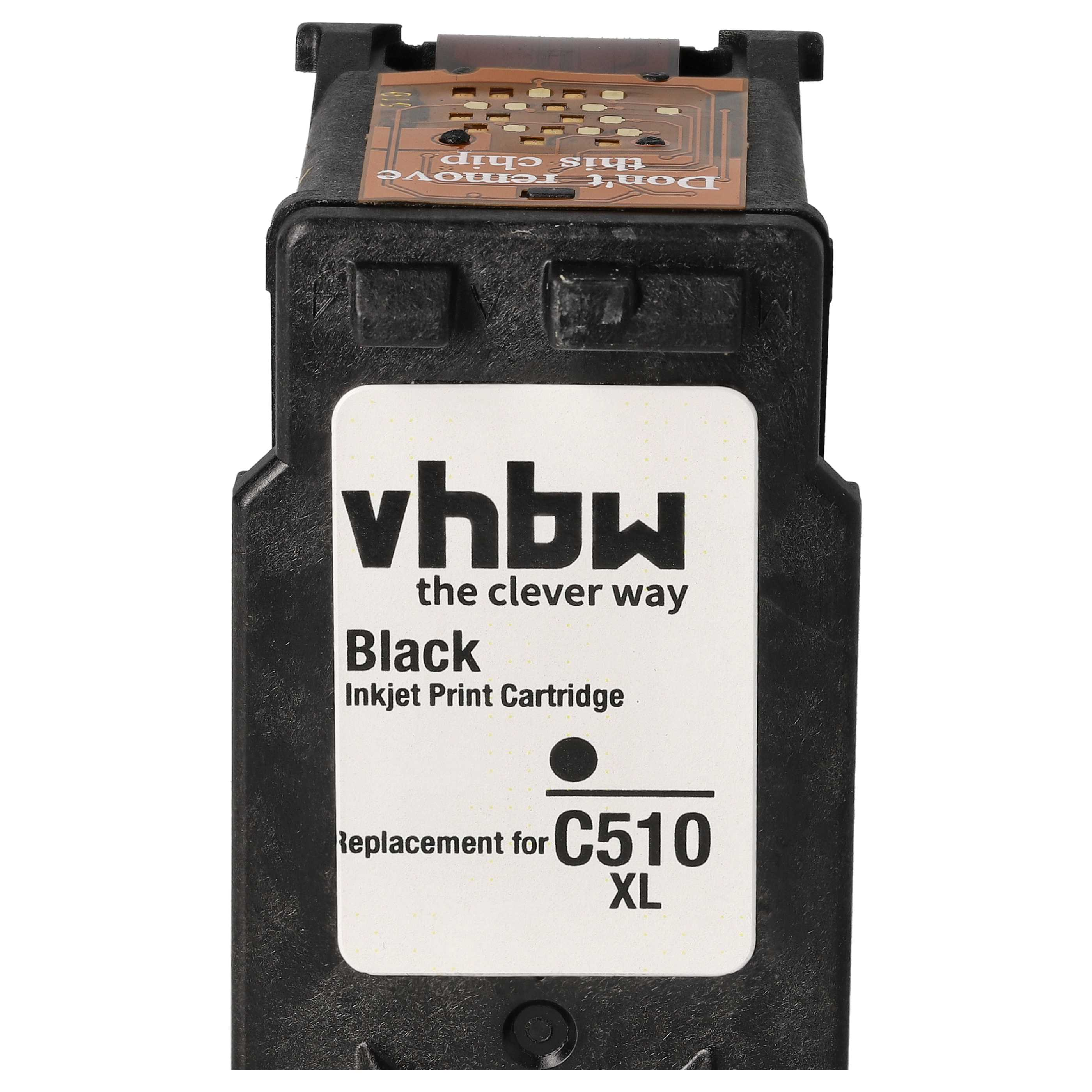 Eine schwarze Tintenpatrone mit weißem Etikett. Text enthält 'vhbw', 'Black', 'C510 XL'. Oben befindet sich ein Chip. 'Chip nicht entfernen'.