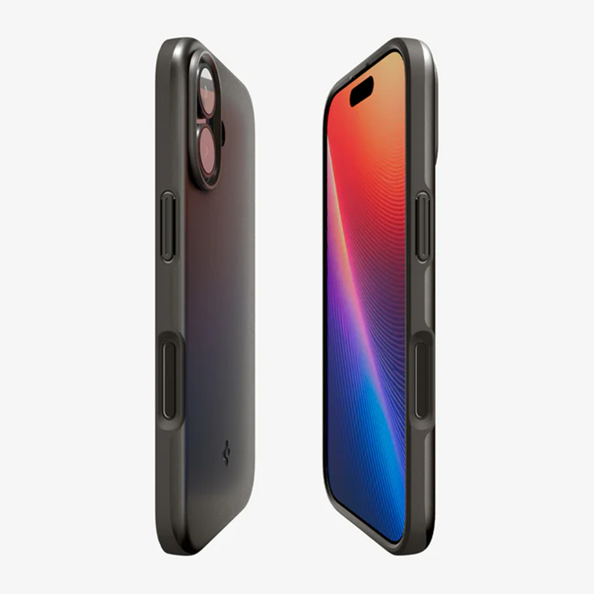 Due custodie nere per iPhone, una con lenti della fotocamera, l'altra con schermo colorato su sfondo bianco.