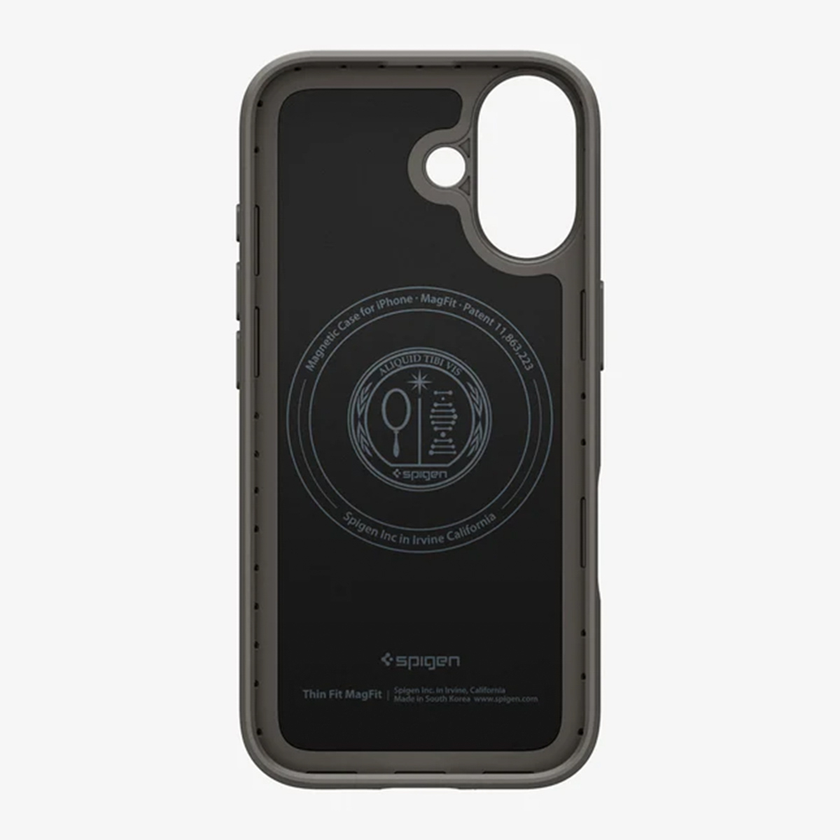Una custodia per telefono nera con cornice grigia. La custodia ha un ritaglio per la fotocamera e un logo circolare. Si legge 'Spigen' e 'Thin Fit MagFit'.