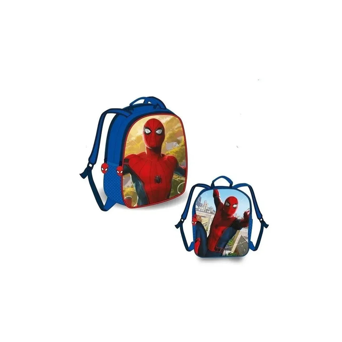 Dos mochilas azules con Spider-Man. La más grande tiene a Spider-Man sobre un fondo rojo. La más pequeña con un telón de fondo de la ciudad.