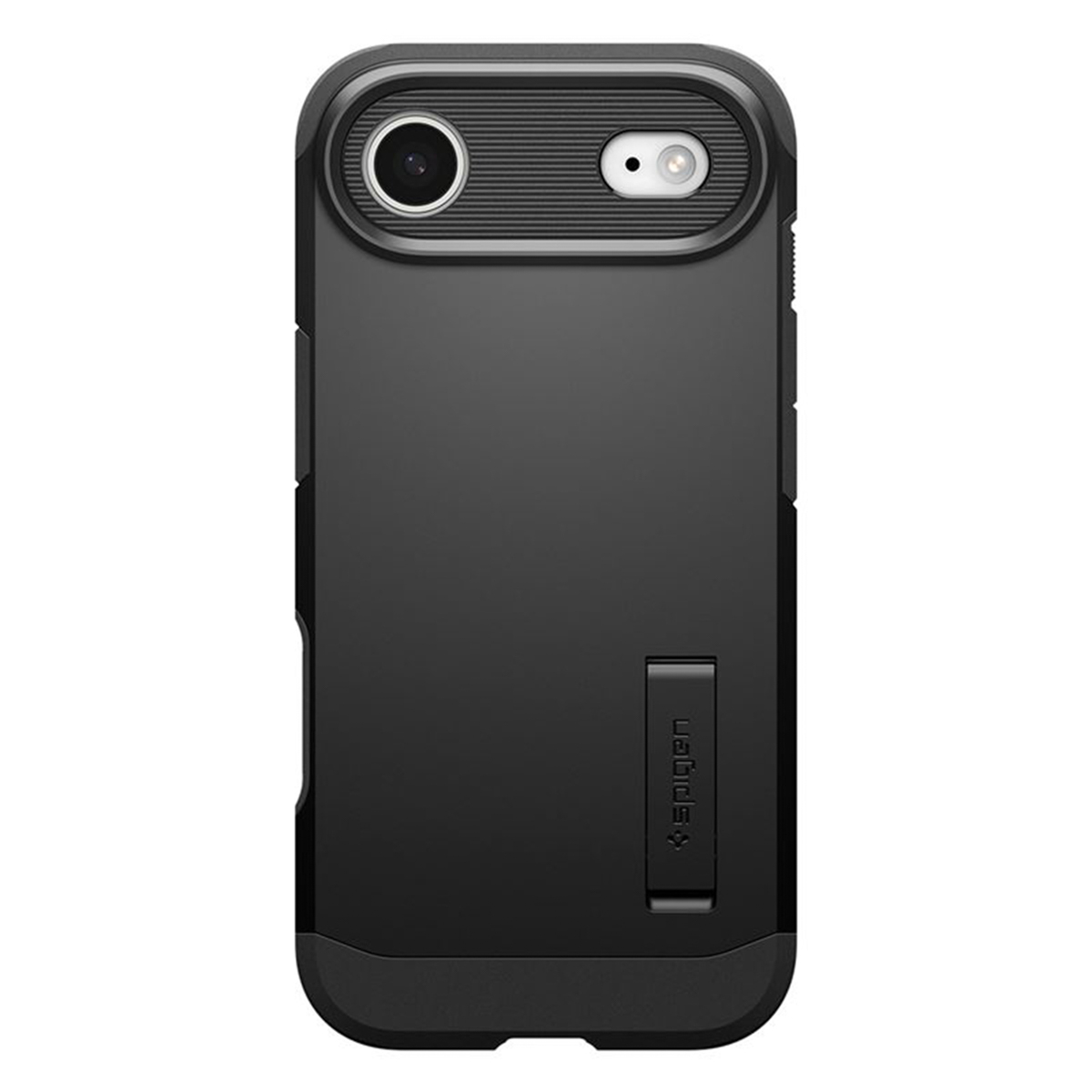 Una custodia nera per telefono con ritagli per la fotocamera. La custodia ha un supporto e il marchio 'Spigen' è visibile.