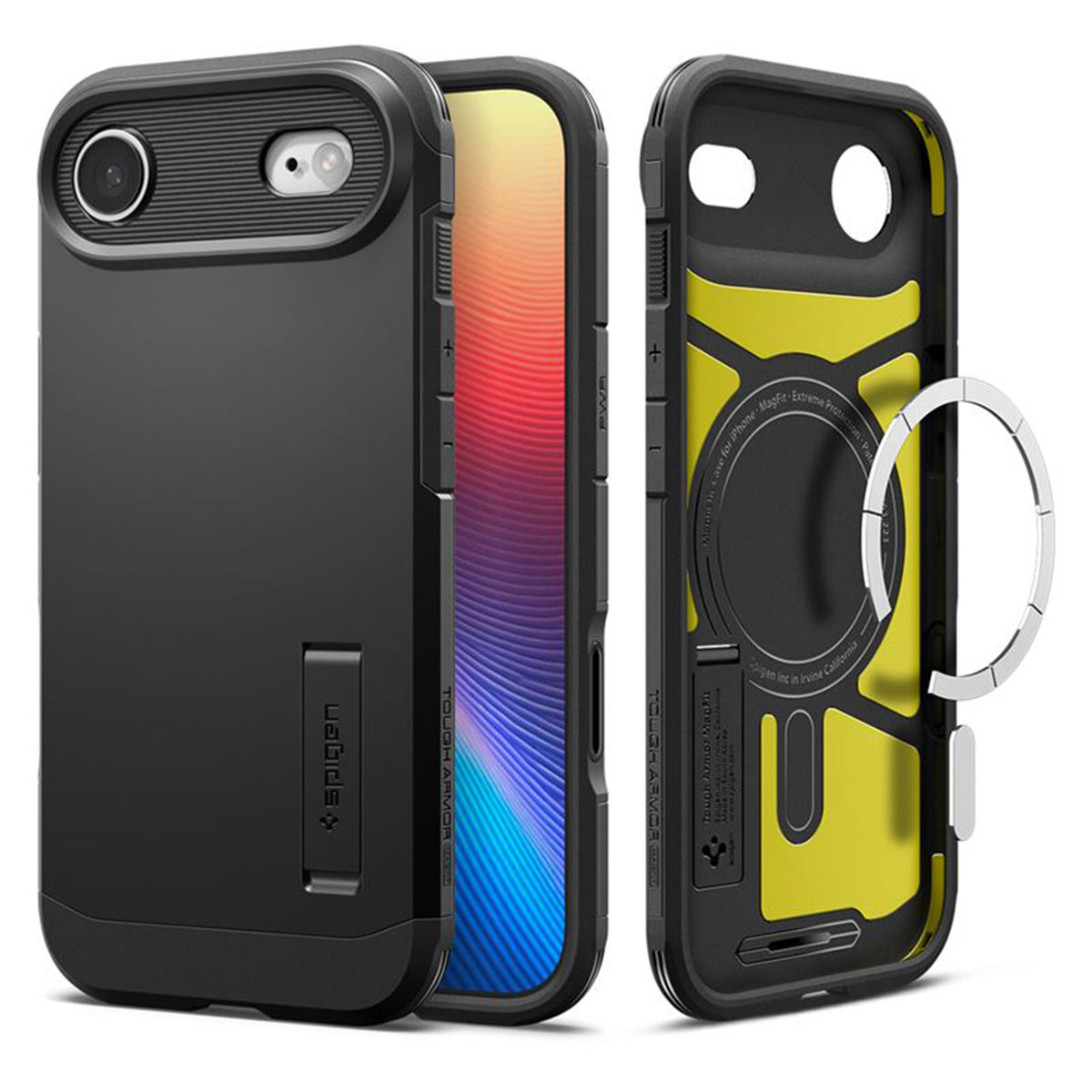 Tre custodie nere per telefono. Una assemblata, una smontata. La custodia smontata ha l'interno giallo. Il marchio è Spigen.