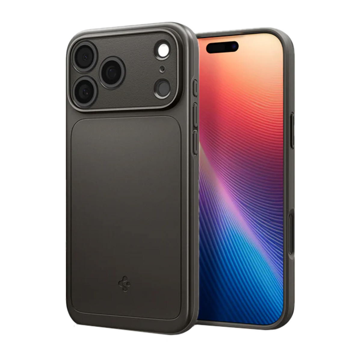 Une coque de téléphone noire avec un téléphone à l'intérieur. La coque a un module caméra et un dos lisse. L'écran affiche un motif coloré.