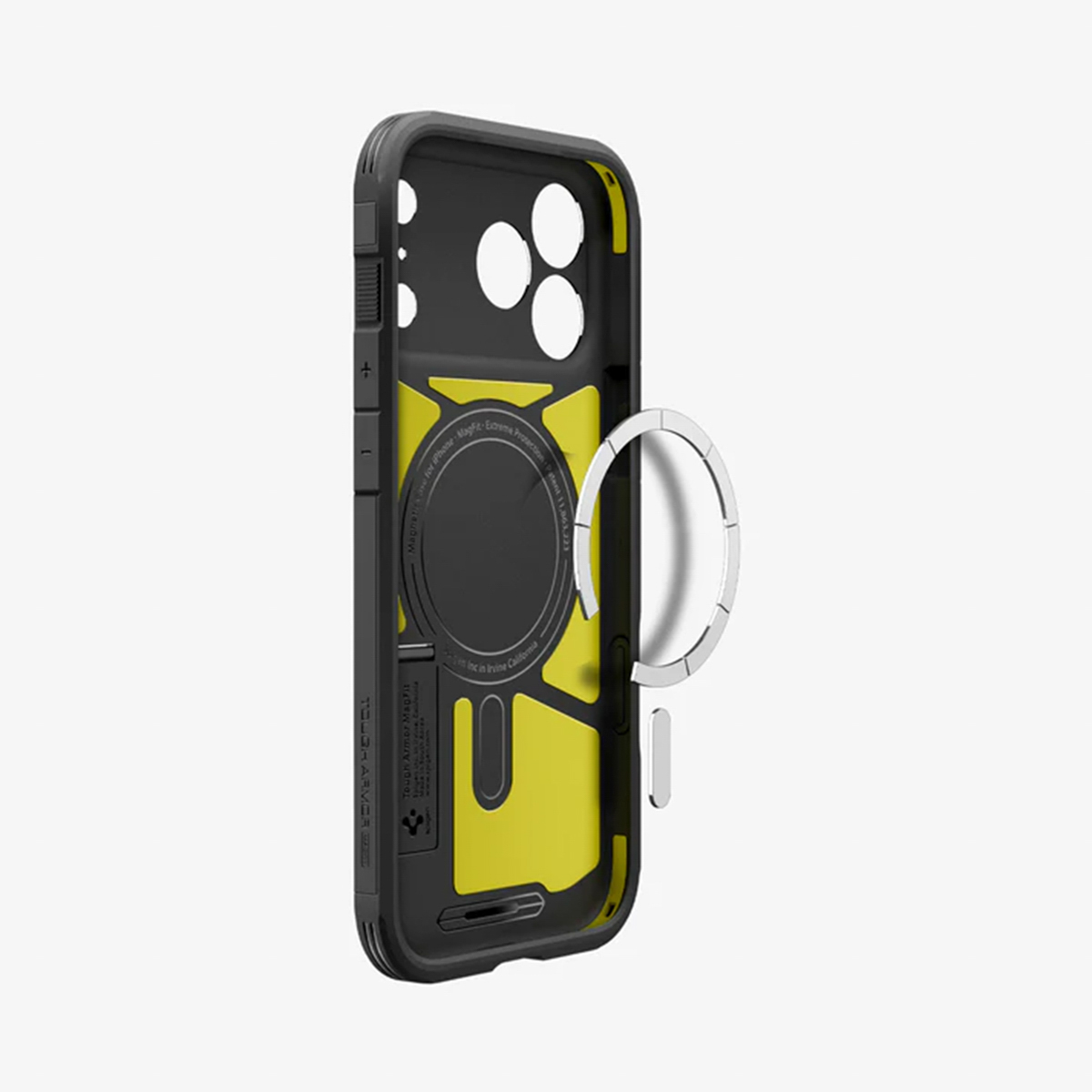 Custodia per telefono nera e gialla con anello magnetico, per iPhone. Custodia aperta, mostra la struttura interna e il marchio.