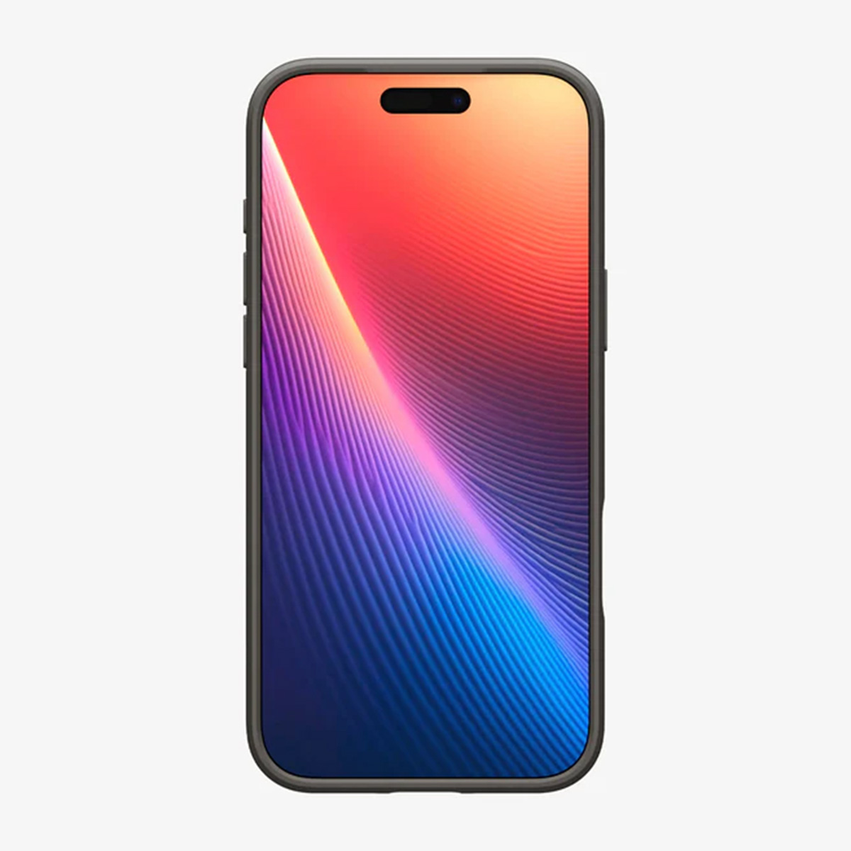 Un smartphone avec un écran coloré. L'écran affiche un design fluide avec des teintes rouges, oranges, violettes et bleues. Il a un cadre noir.