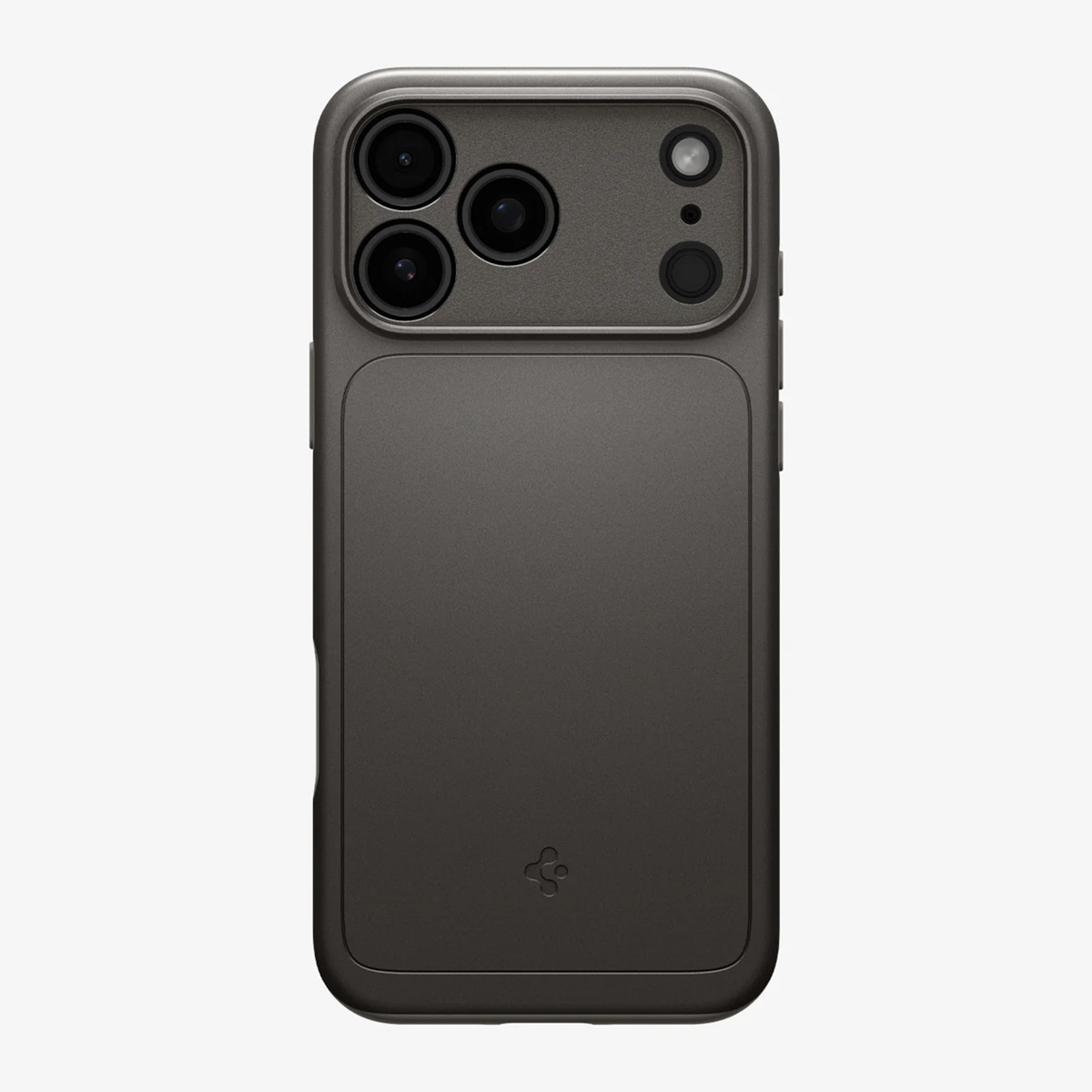 Une coque de téléphone gris foncé avec plusieurs lentilles d'appareil photo et une surface arrière lisse, sur fond blanc.