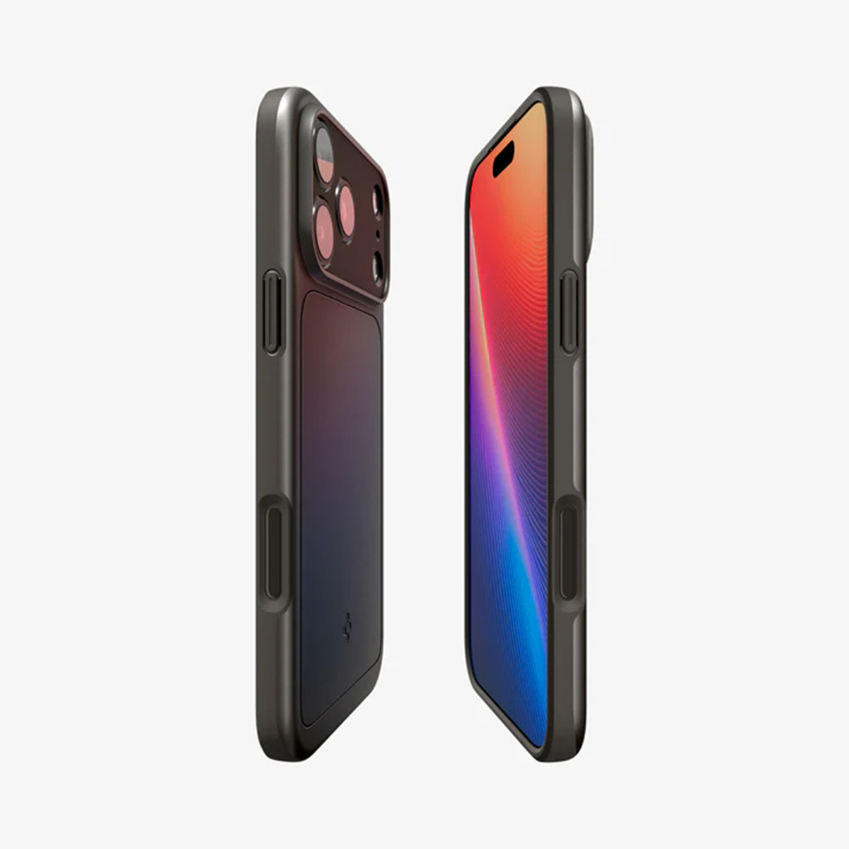 Deux smartphones noirs dans des étuis, côte à côte, sont affichés sur fond blanc. L'écran d'un téléphone affiche un motif coloré.