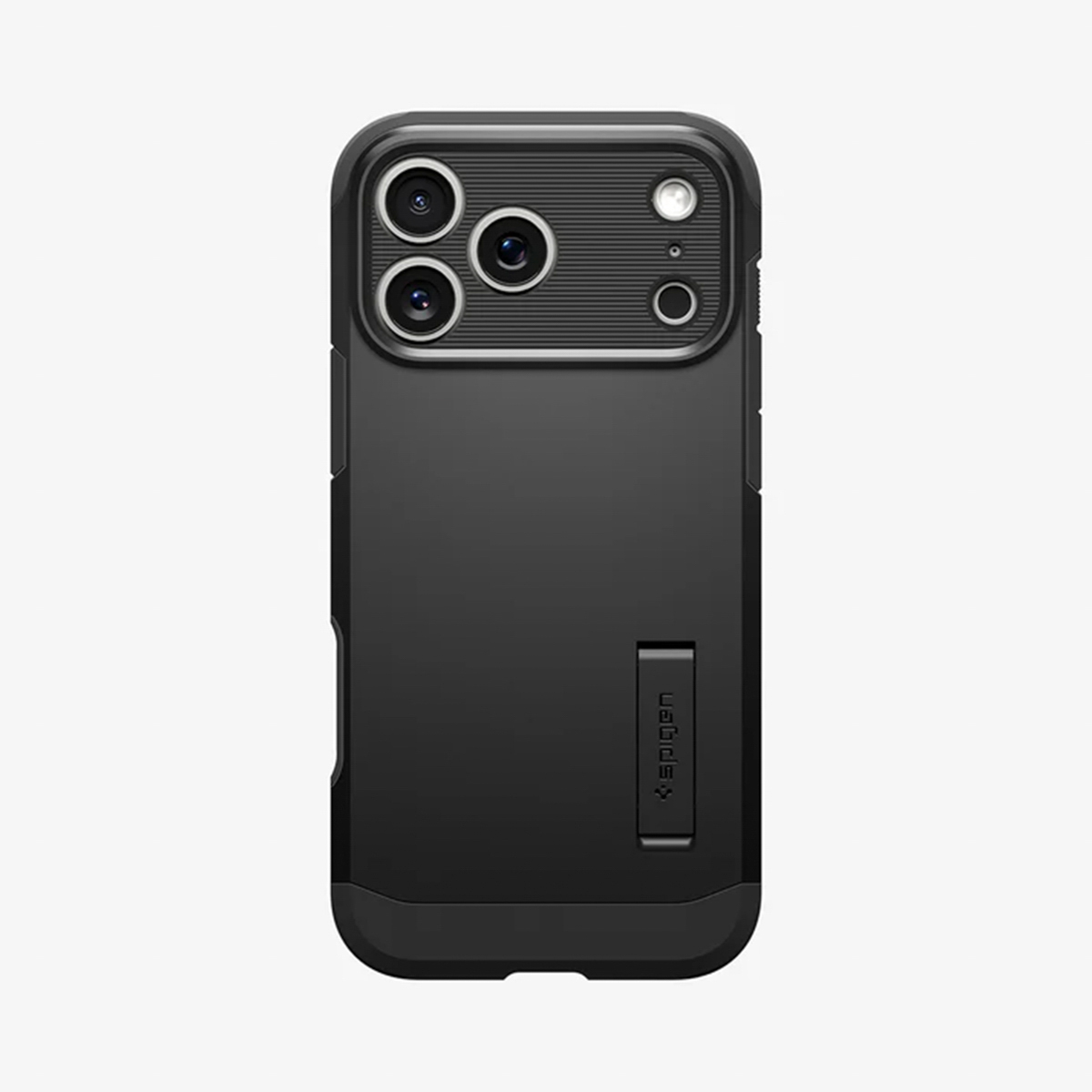 Custodia nera per telefono con ritagli per fotocamera e cavalletto. Il logo Spigen è visibile. La custodia copre la parte posteriore del telefono.