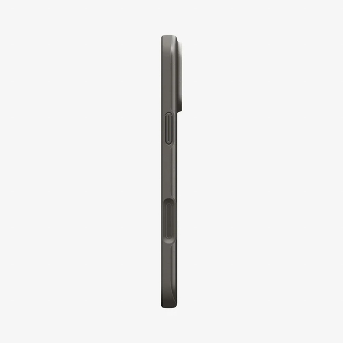 Vue latérale d'une coque de téléphone gris foncé. La coque comporte des découpes pour les boutons et les ports. Elle est sur fond blanc.