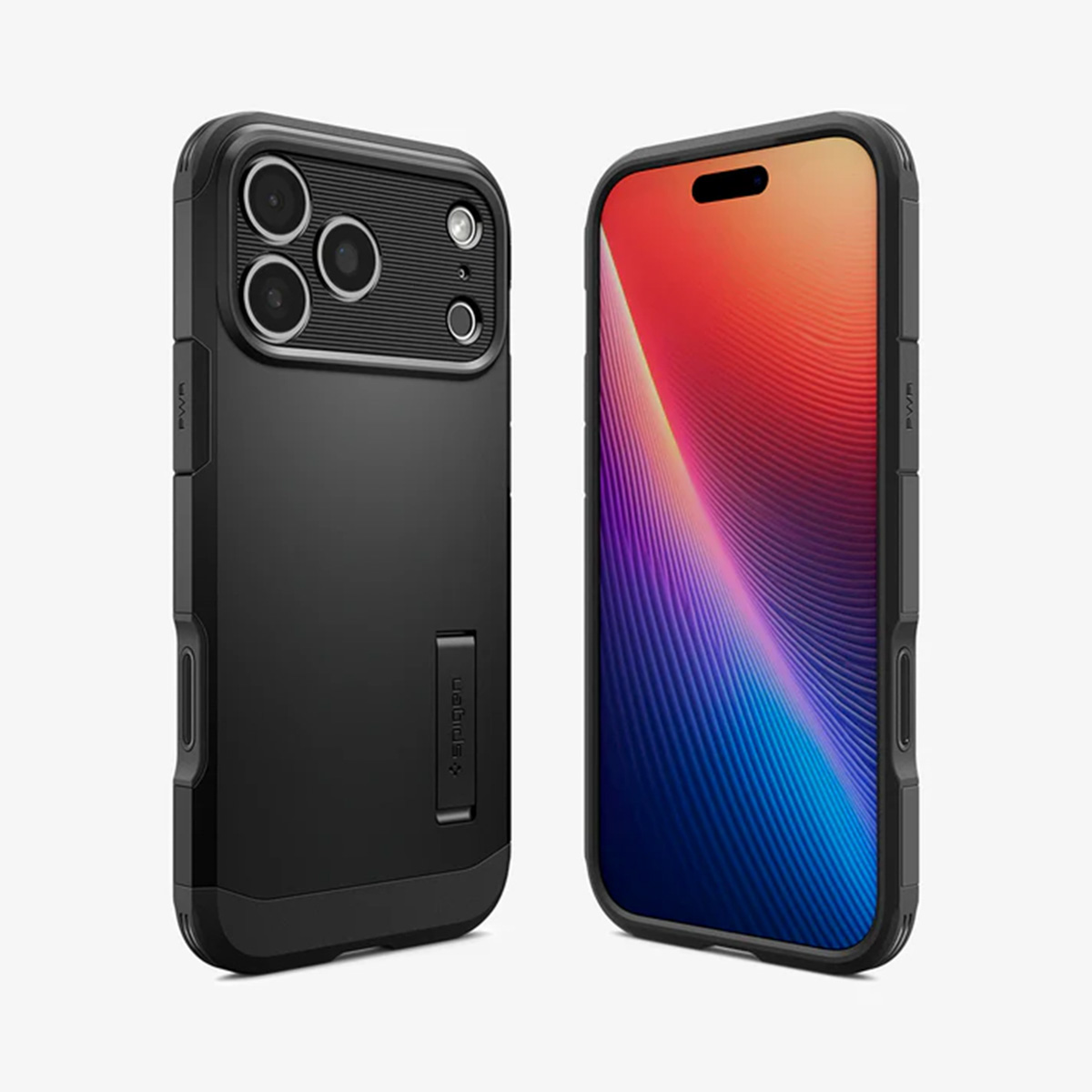 Due custodie nere per telefono. Una con il retro che mostra le lenti della fotocamera e l'altra con uno schermo colorato.
