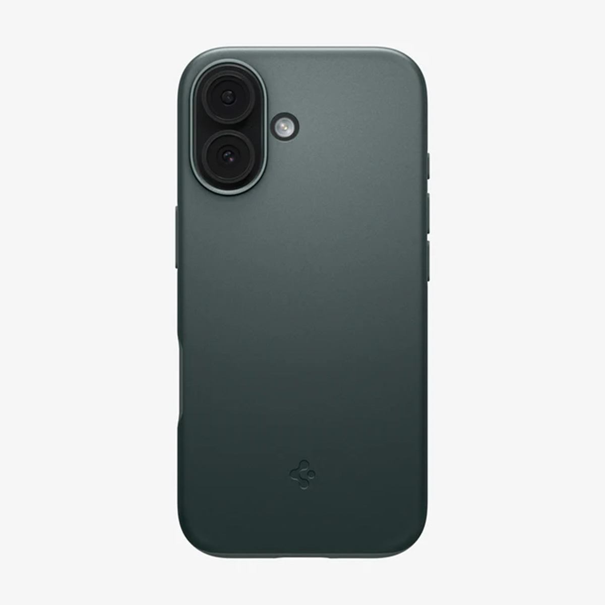 Custodia per telefono verde scuro con doppia fotocamera e lente singola. Logo Spigen in basso.