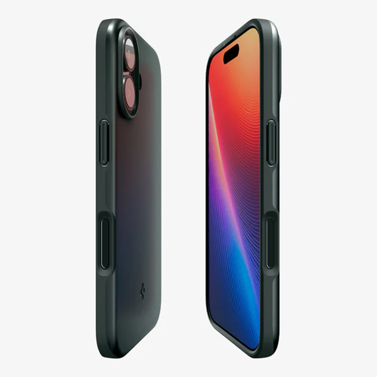 Due smartphone grigio scuro con custodie nere. Uno mostra uno schermo colorato, l'altro ha lenti della fotocamera.