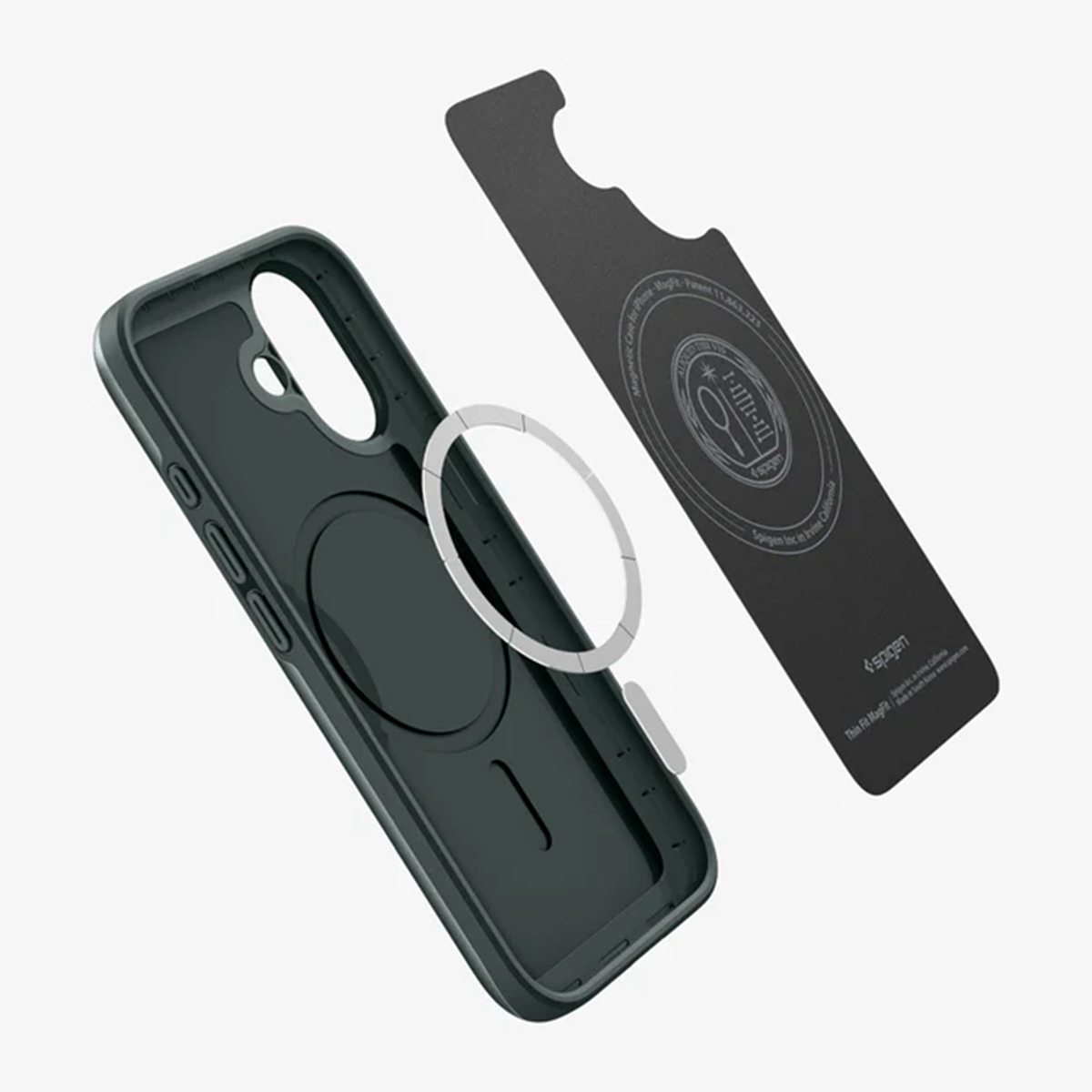Una custodia per telefono verde scuro con un anello magnetico e una scheda nera, entrambi fluttuanti. La custodia è aperta, mostrando l'interno.