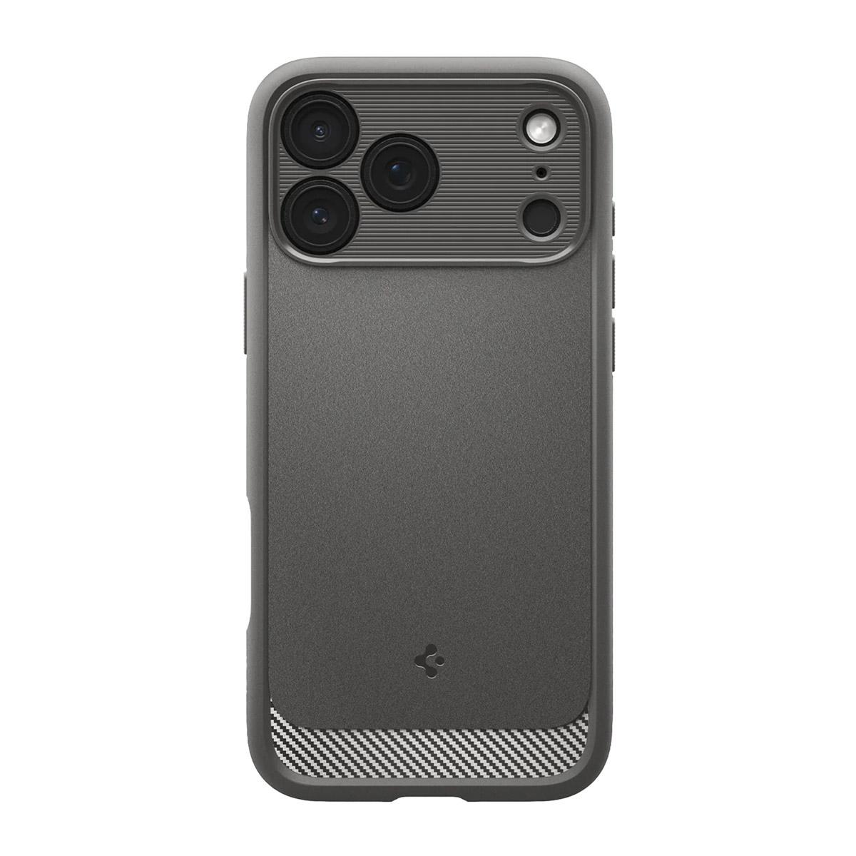 Coque de téléphone grise avec plusieurs découpes pour caméra. Elle a un dos texturé, un bord inférieur à motifs et un logo de marque.