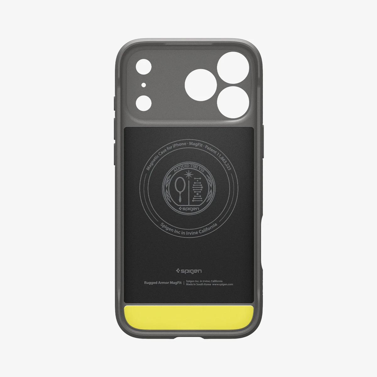 Une coque de téléphone grise et noire avec un bas jaune. Elle comporte le logo Spigen et du texte sur ses caractéristiques.