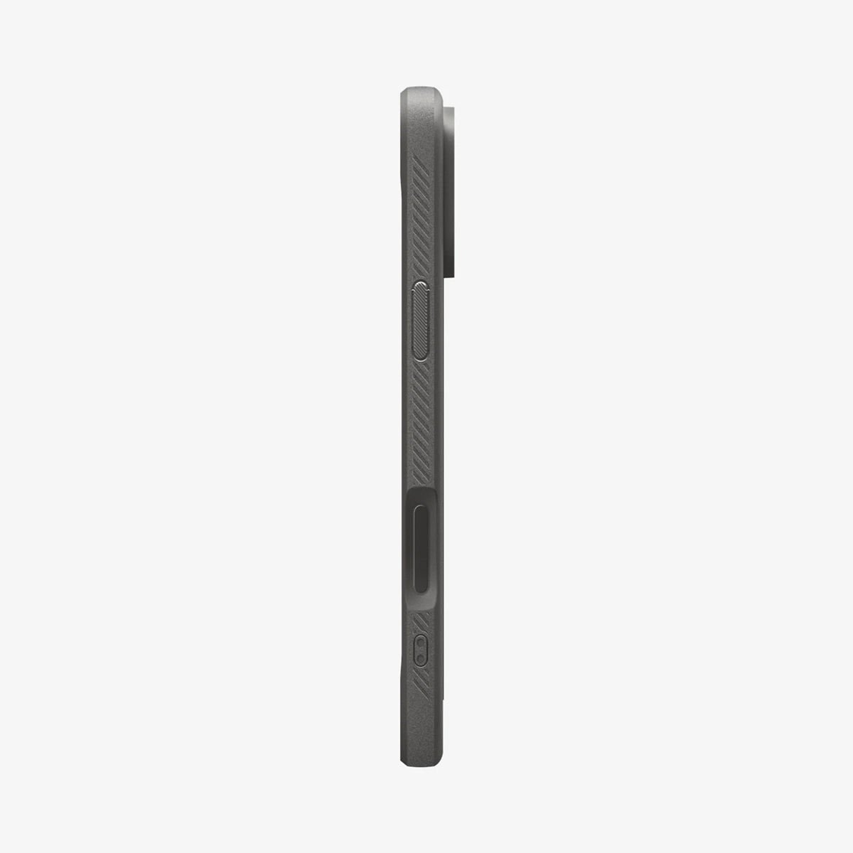 Vue latérale d'une coque de téléphone gris foncé. Affiche les boutons d'alimentation et de volume, ainsi qu'une découpe pour l'appareil photo. Le fond est blanc.
