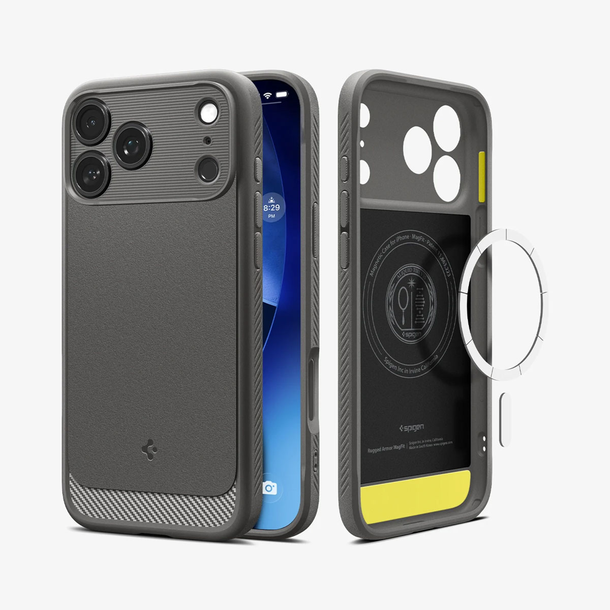 Un iPhone avec un étui gris, à côté d'un étui transparent avec un accent jaune. Le téléphone affiche 20h29.
