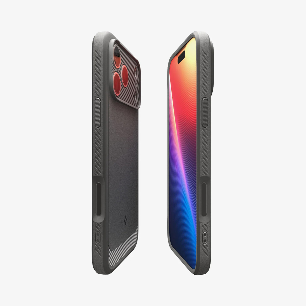 Deux smartphones avec étuis, gris et noirs. L'un affiche un design d'onde colorée, l'autre a une bosse de caméra avec des lentilles rouges.