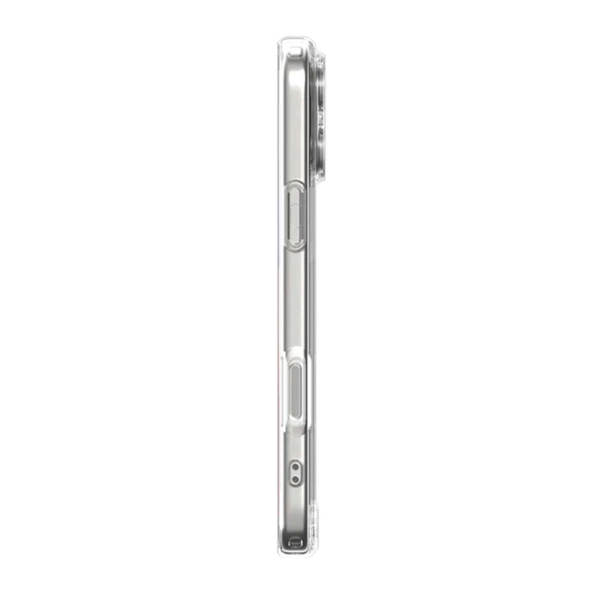 Une coque de téléphone transparente, vue de côté, sur fond blanc. La coque a une découpe pour l'appareil photo et des détails de boutons.
