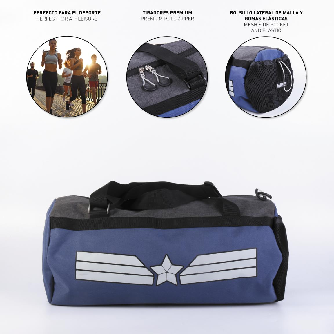 Una bolsa de lona azul y gris con un logotipo de estrella. Varios corredores se representan en un círculo arriba. Se muestran cremalleras y un bolsillo de malla.