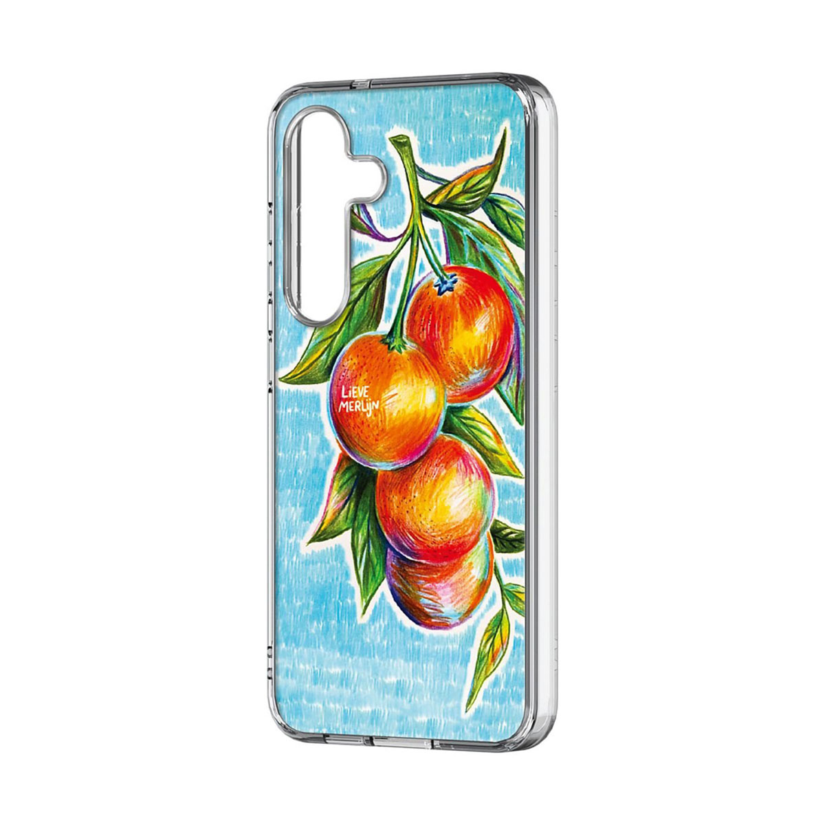 Una custodia per telefono con un'illustrazione ad acquerello di arance su un ramo con foglie verdi su sfondo azzurro.