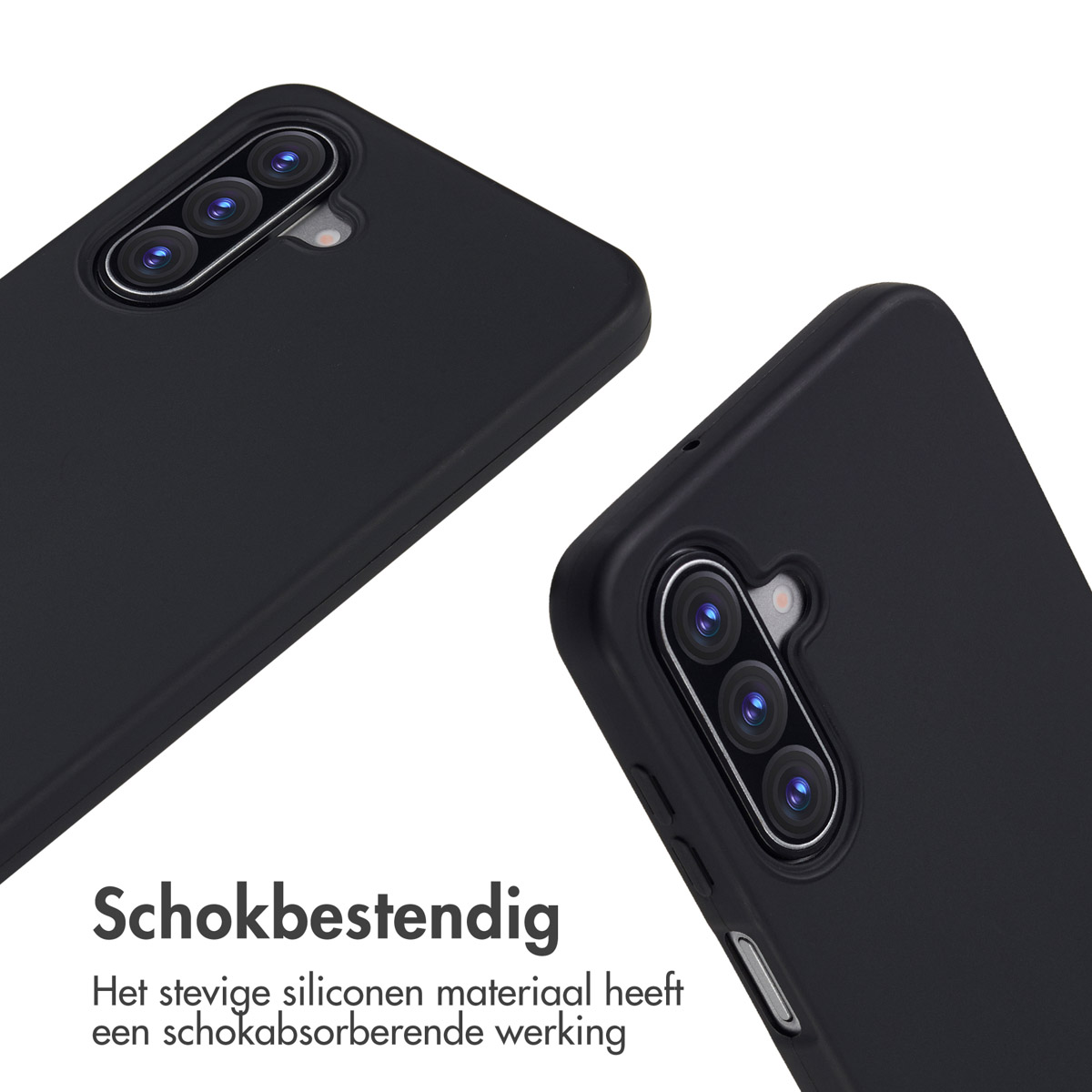 Two black phone cases with camera lenses are shown against a white background. Text in Dutch, 'Shock resistant' is visible.