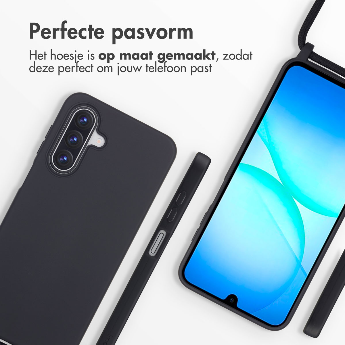 Image features a black phone case and phone with a blue screen. Text at top says 'Perfect fit'.
