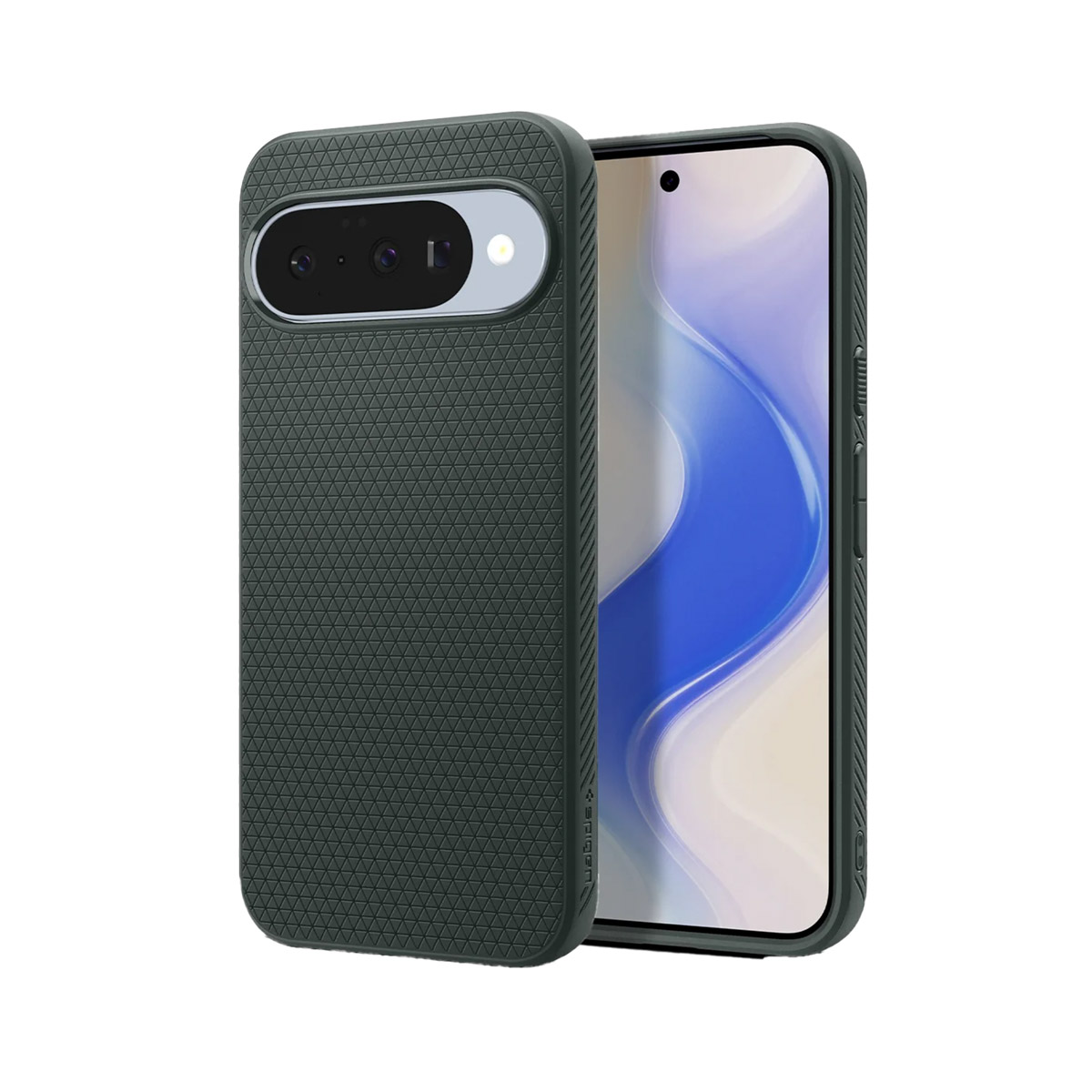 Une coque de téléphone vert foncé, montrant l'écran du téléphone avec une image bleue et blanche. La coque a un motif texturé.