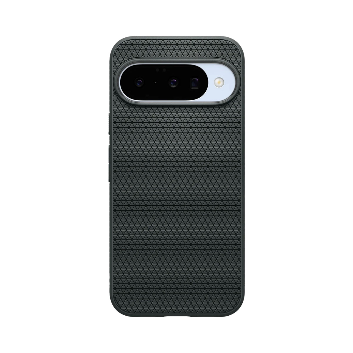 Une coque de téléphone gris foncé avec un motif texturé. Elle possède un module caméra et un accent de couleur claire. Le fond est blanc.