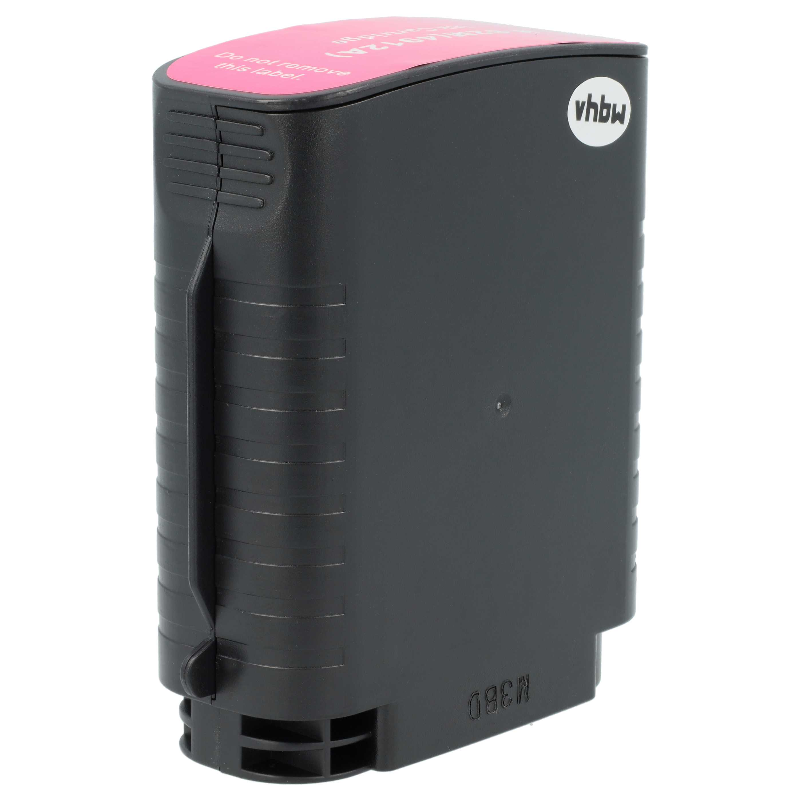Eine schwarze Tintenpatrone mit einem rosa Etikett oben. Es hat einen Griff und ein weißes Logo. Weißer Hintergrund.